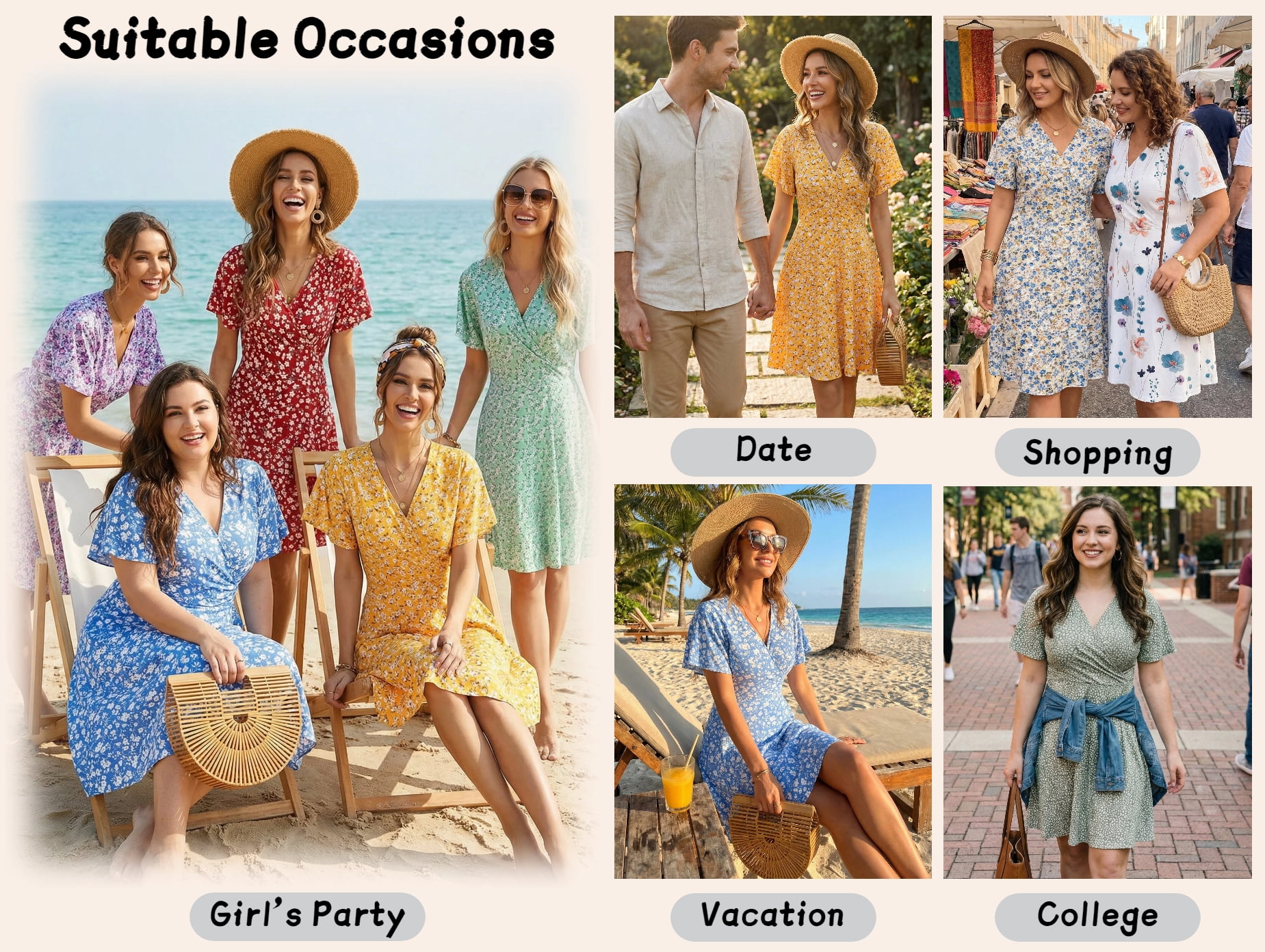 UVN Women's Floral Print Midi Dress V-Neck Short Sleeve A-Line Boho Sundress (Blue, L) no2j3