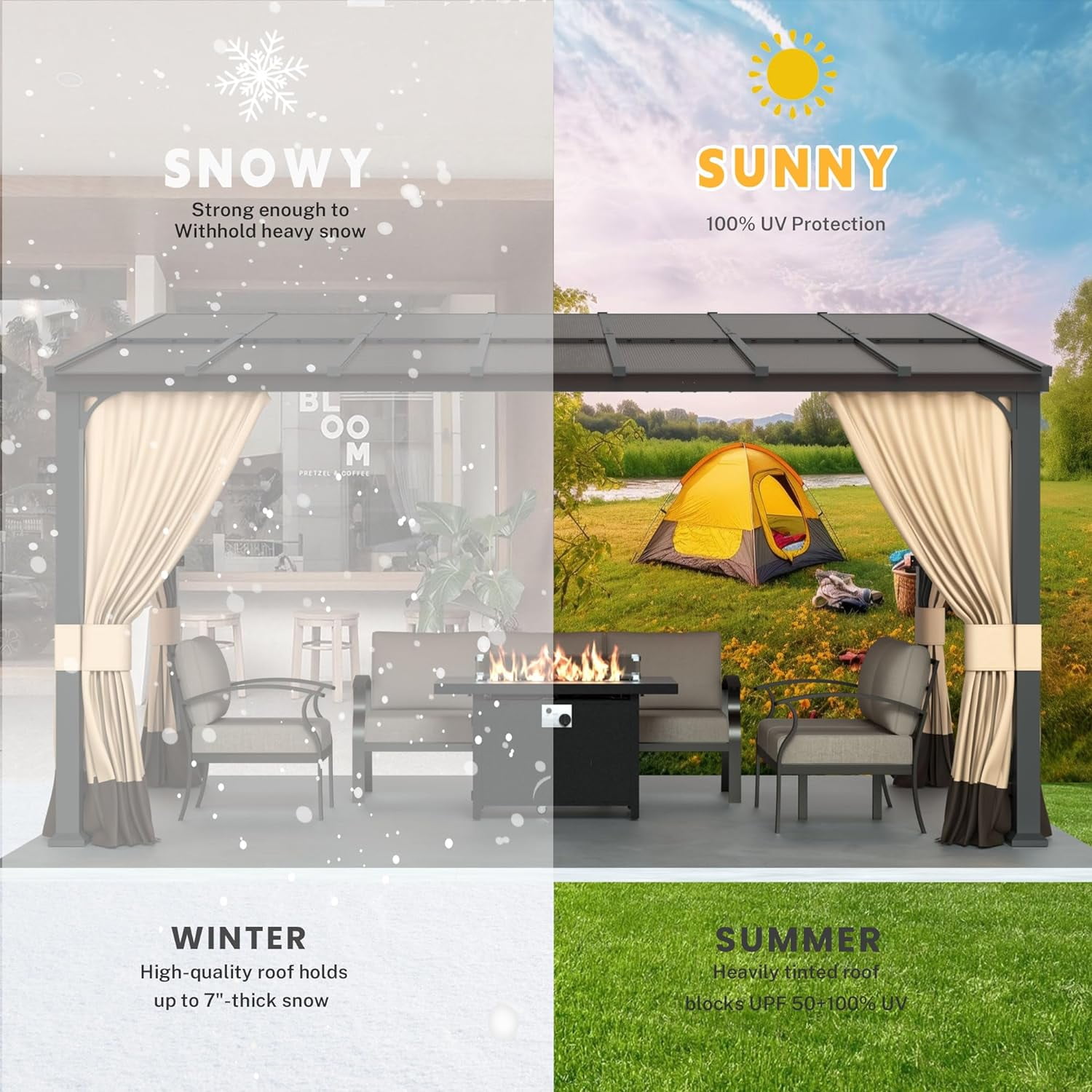 ALAULM Wall Mount Hardtop Gazebo with Curtains and Netting, Outdoor Patio Pergola (Sand, 10 ft x 14 ft) d3rk4