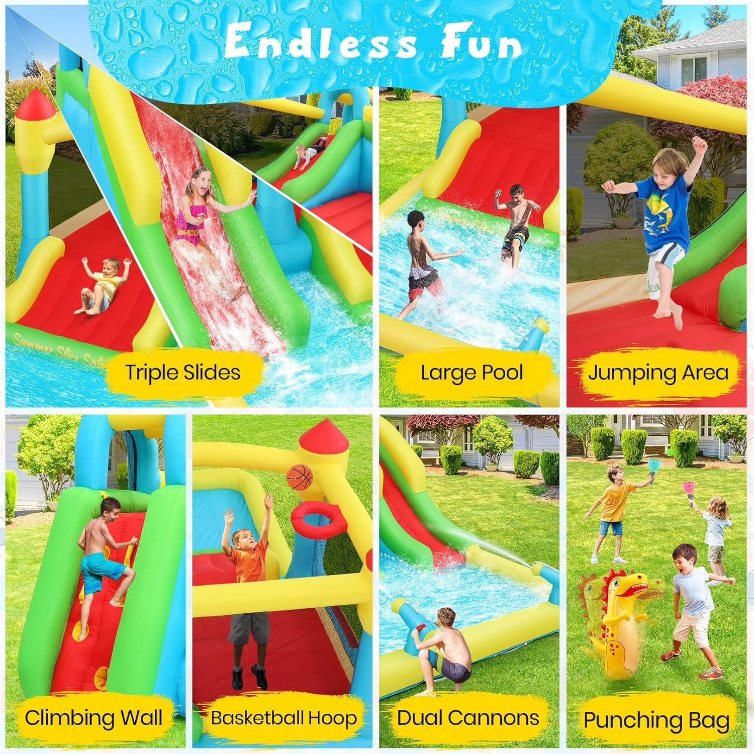 Veeboto Inflatable Water Slide Park with Blower, Bounce House with Climbing Wall and Basketball Hoop (Multi-color, 187 x 133 x 80 in) 0vefp