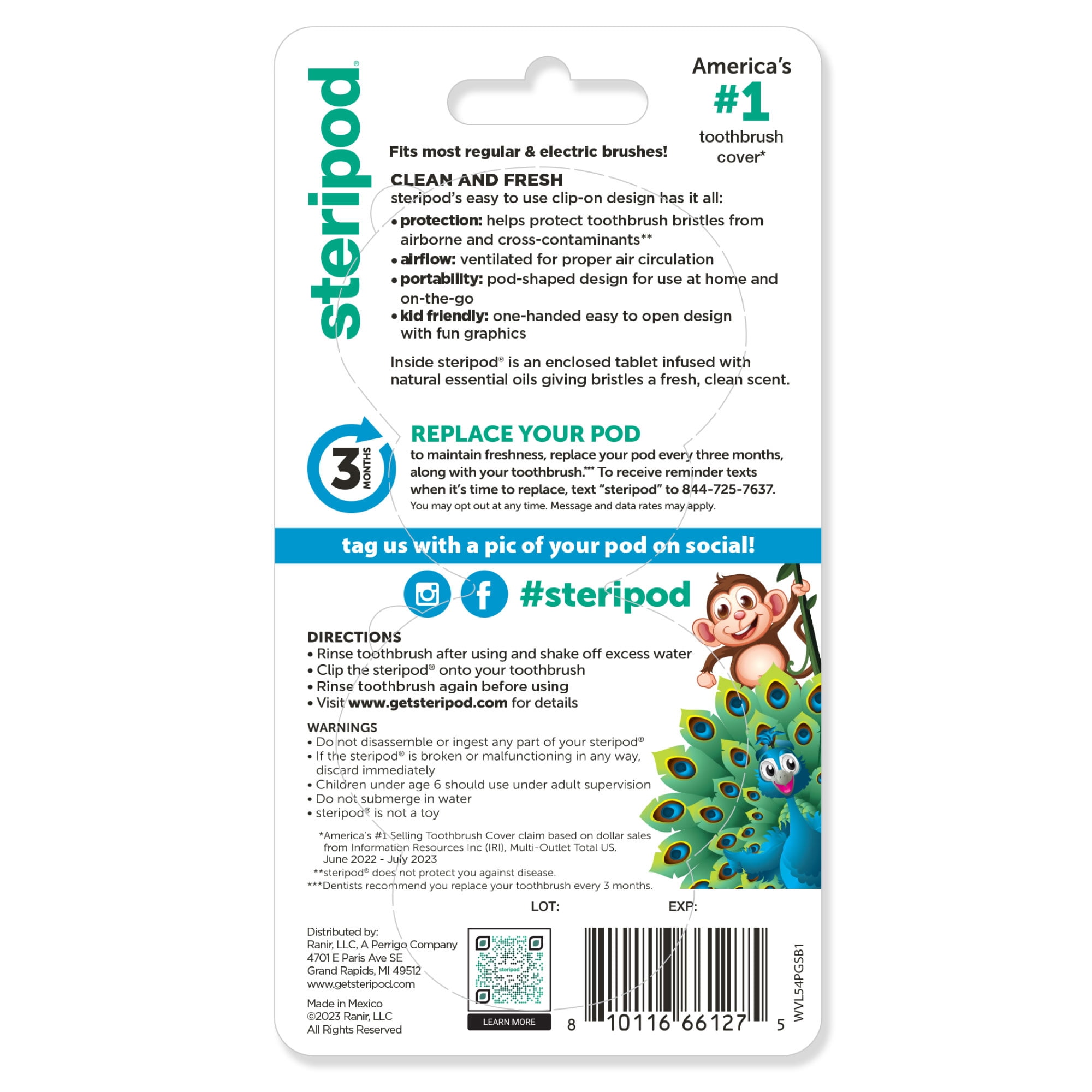 Steripod Clip-on Toothbrush Protector for Kids, Fresh Scented Bristle Shield (Red and Blue Glitter, 2 Count) 1ygsm