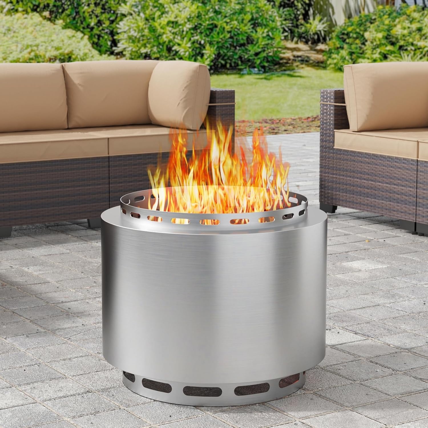 Kullavik 19 Inch Outdoor Smokeless Fire Pit, Portable Stainless Steel Wood Burning Firepit with Weather Resistant Cover (Silver, 19 in) 1csj3