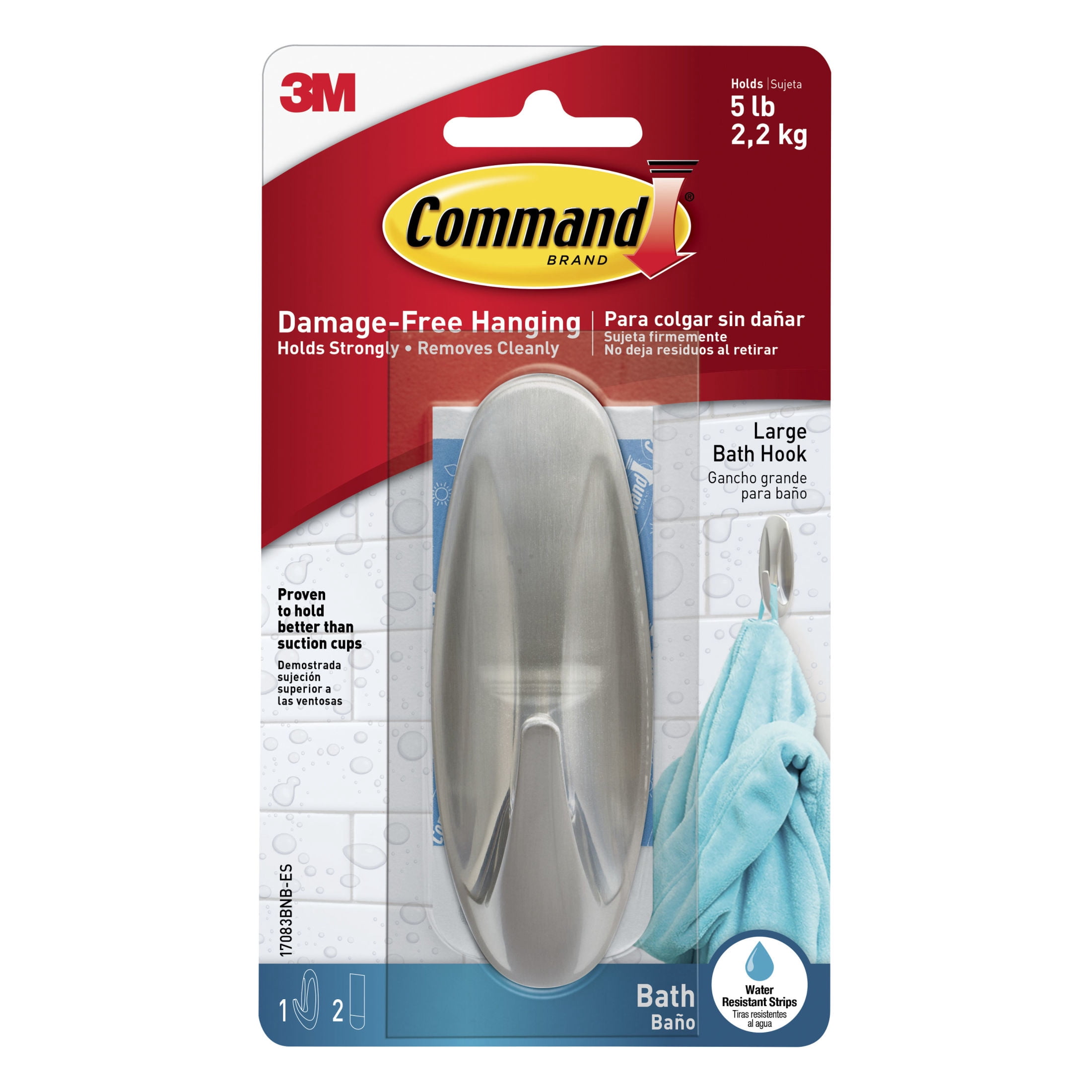 Command Bath Large Designer Hook, Water-Resistant Adhesive Wall Mount (Silver, 2 Pack) cbzp3