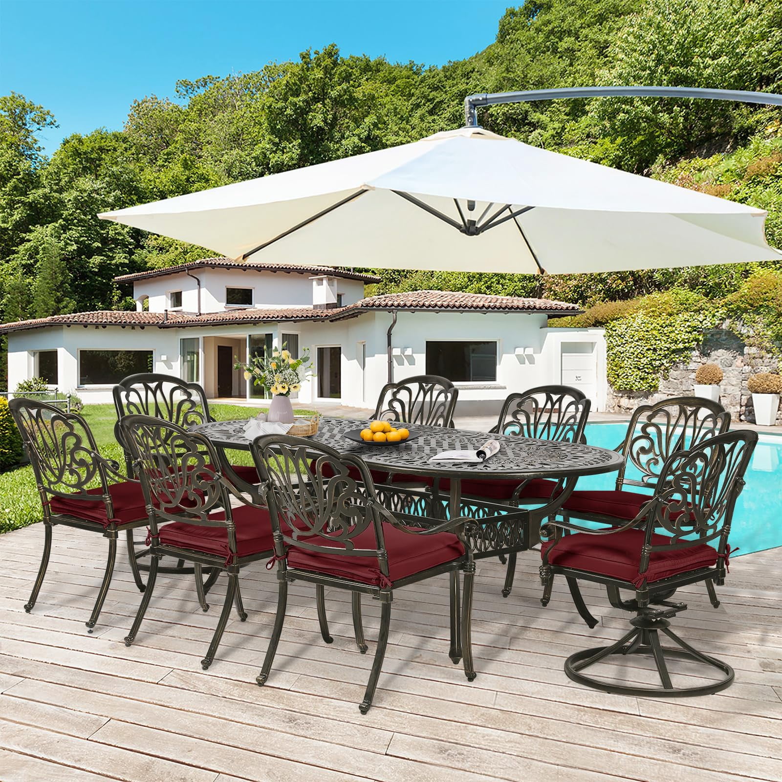 W WARMHOL 9-Piece Patio Dining Set, Cast Aluminum Outdoor Table and Chair Set with Cushions (Red, 84 in) ywro9