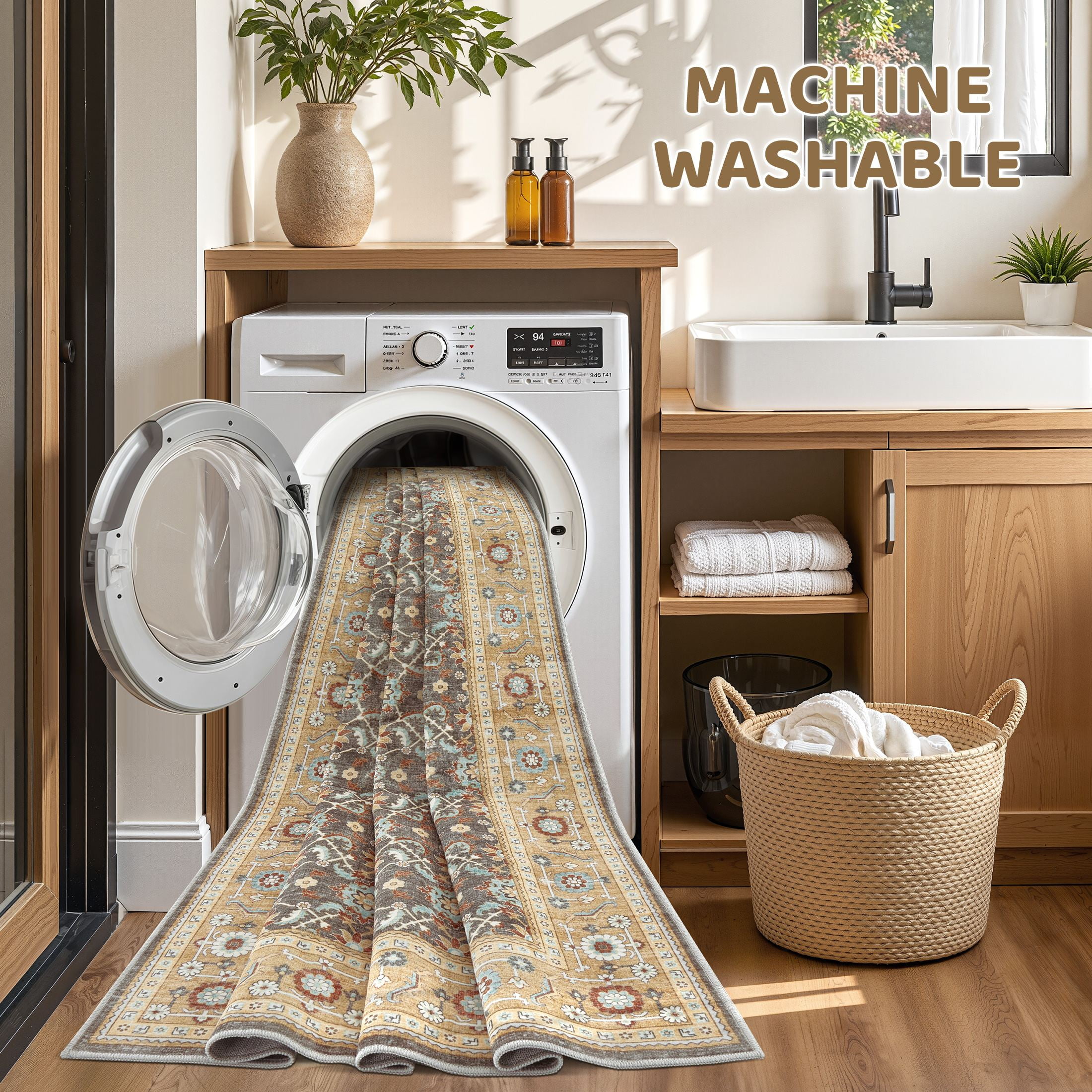 UERMEI Washable Area Rug, Boho Low-Pile Non-Slip Carpet for Living Room and Bedroom (Brown, 5 ft x 7 ft) un0zo