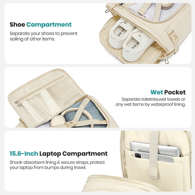 Joyway Travel Backpack Large Capacity Carry On Weekender Bag with Shoe Compartment and Laptop Sleeve (Beige, 18 in x 12 in x 8 in) 750ao