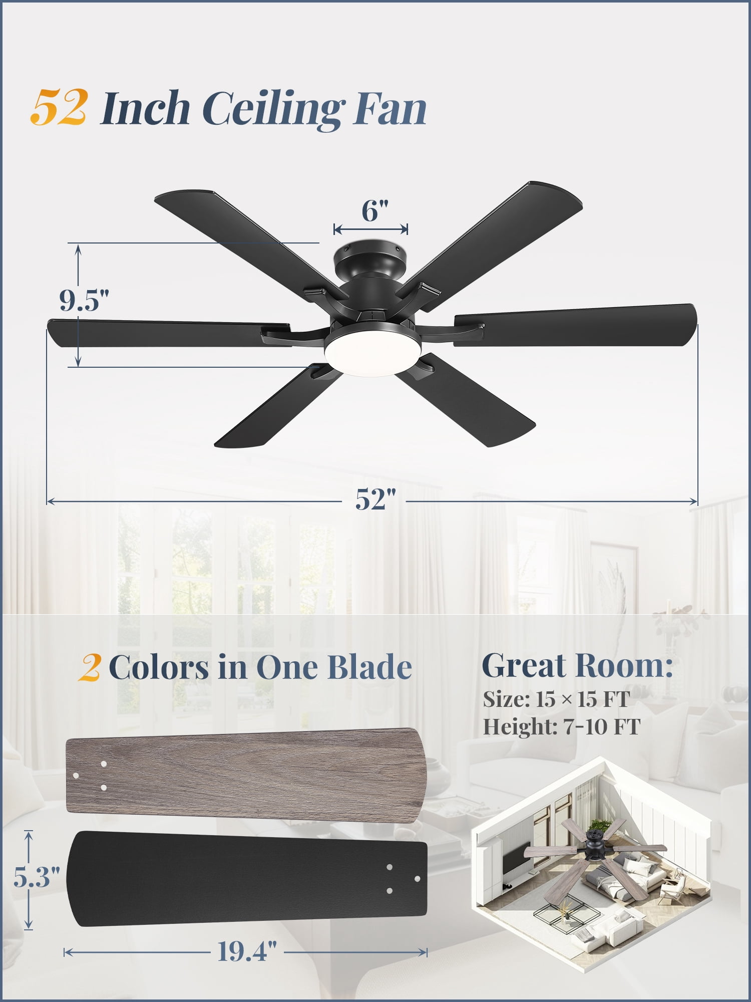 Lokivas 52in Ceiling Fan with Light and Remote Control, Flush Mount Reversible 6-Speed DC Motor Indoor Fan (Black, 52 in) f9u4d
