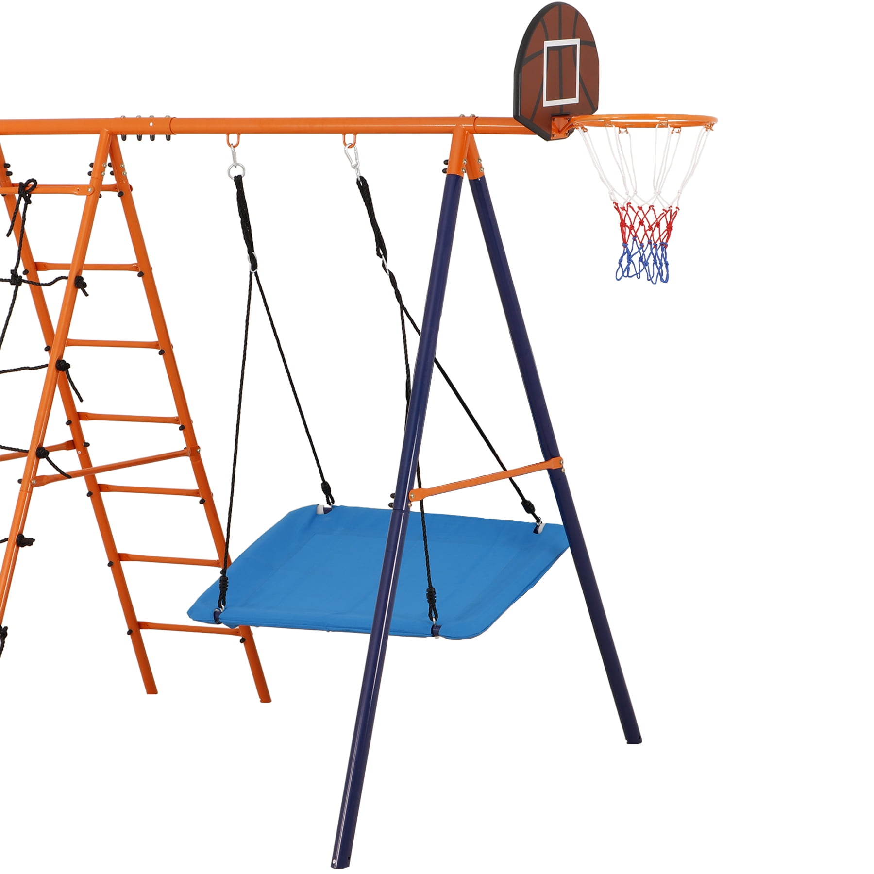 ZenSports 5-in-1 Outdoor Kids Swing Set with Saucer Swing, Belt Swing, Seesaw, Basketball Hoop, and Climbing Ladder (Orange, 660 lb Capacity) wfok7