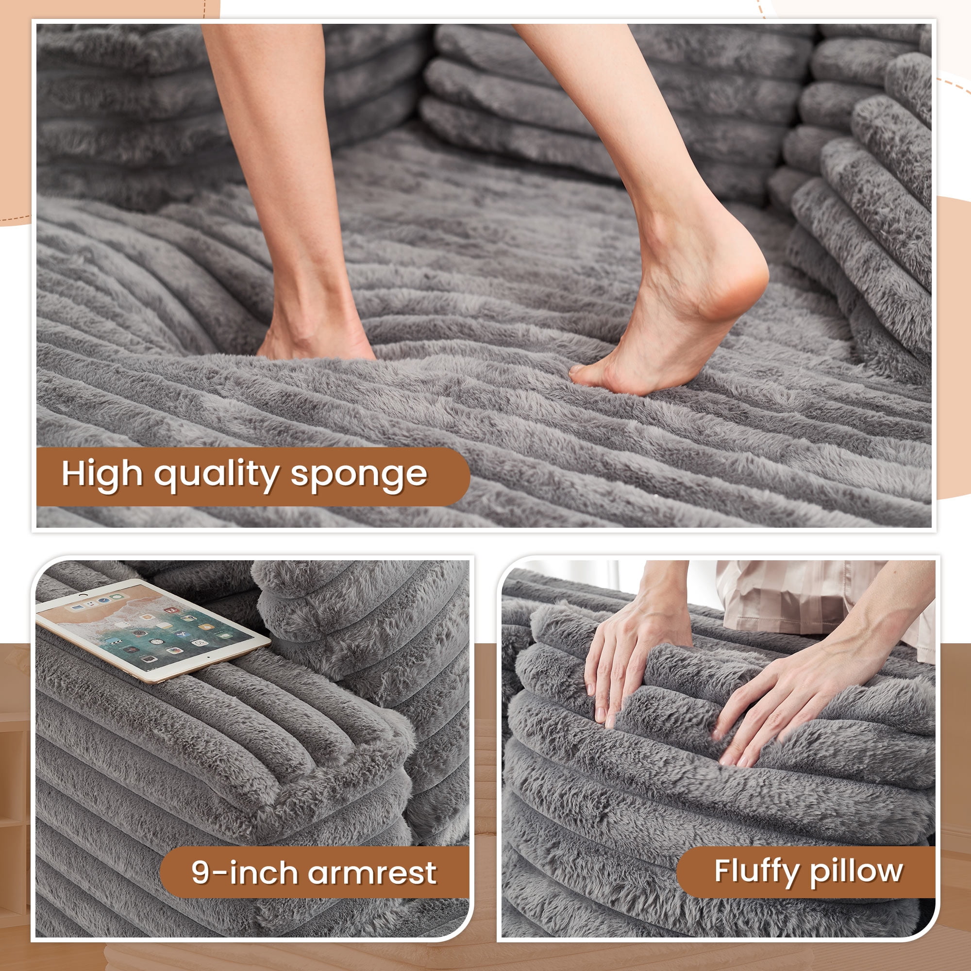 Muumblus Oversized Chaise Lounge Chair, Plush Corduroy Upholstered Sleeper Sofa for Living Room (Grey, 60 in x 40 in) gjbc4