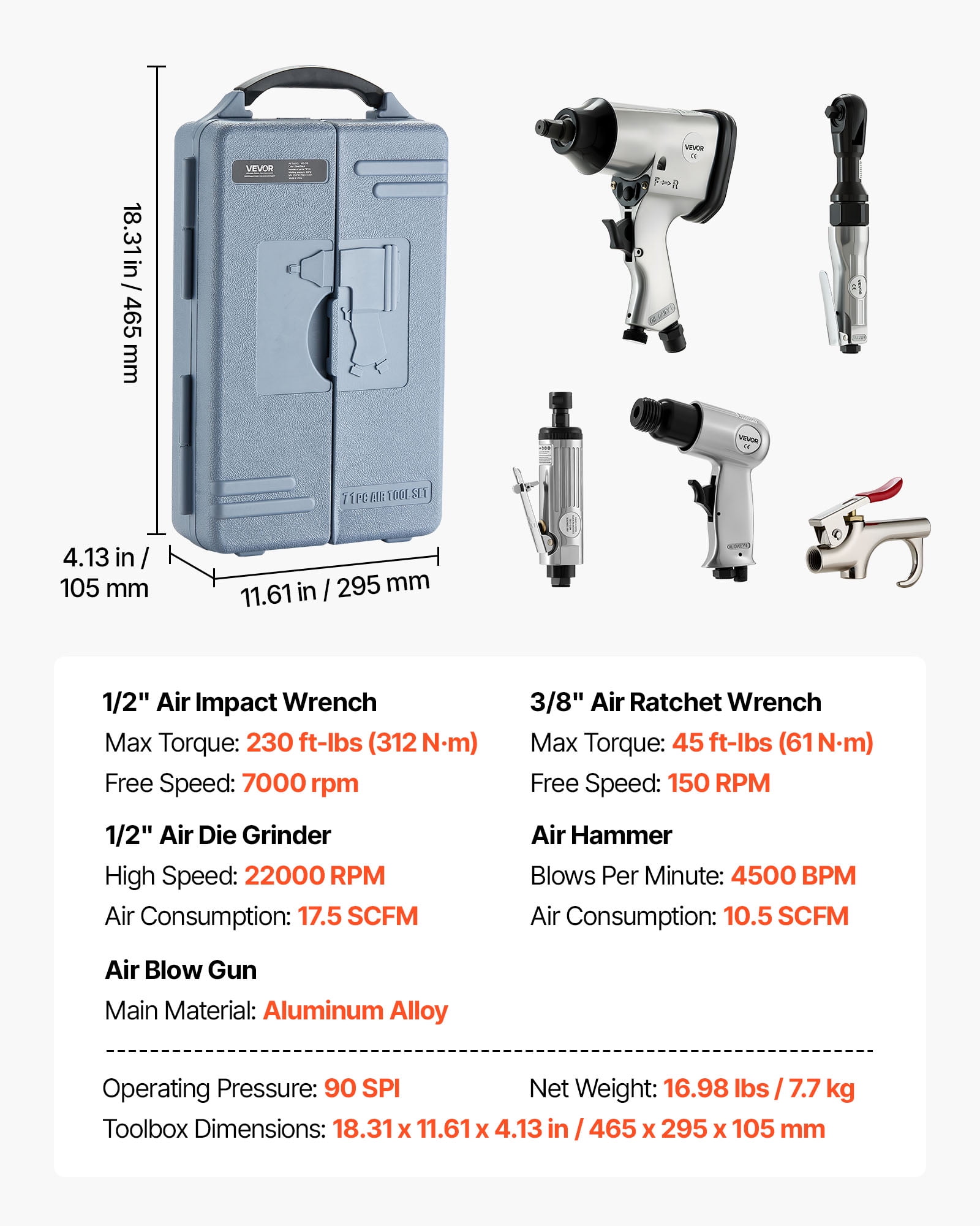 VEVOR 71-Piece Professional Air Tool Kit with Impact Wrench, Ratchet, Die Grinder, and Hammer (71 Pieces) gbitx