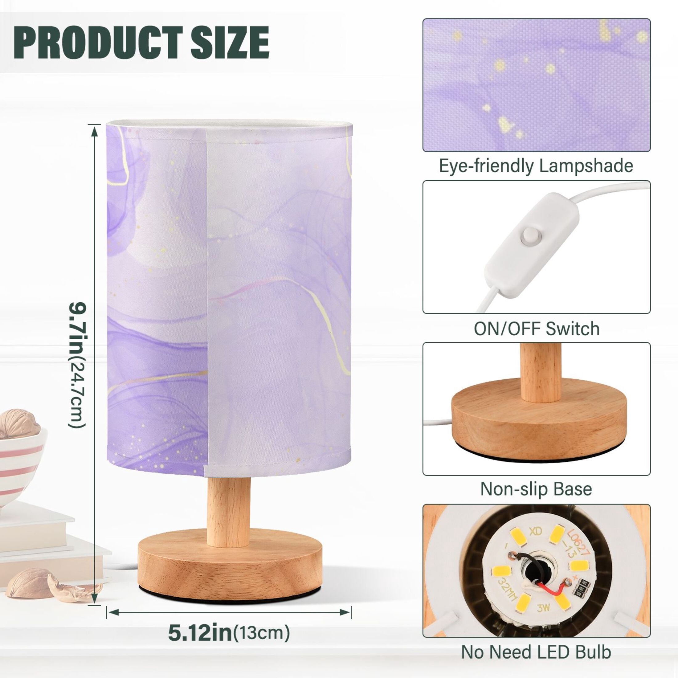 yggo Retro Cylinder Bedside Table Lamp with USB Charging Port and Linen Shade (Purple Lavender, 5.1 in x 9.7 in) 1zxep
