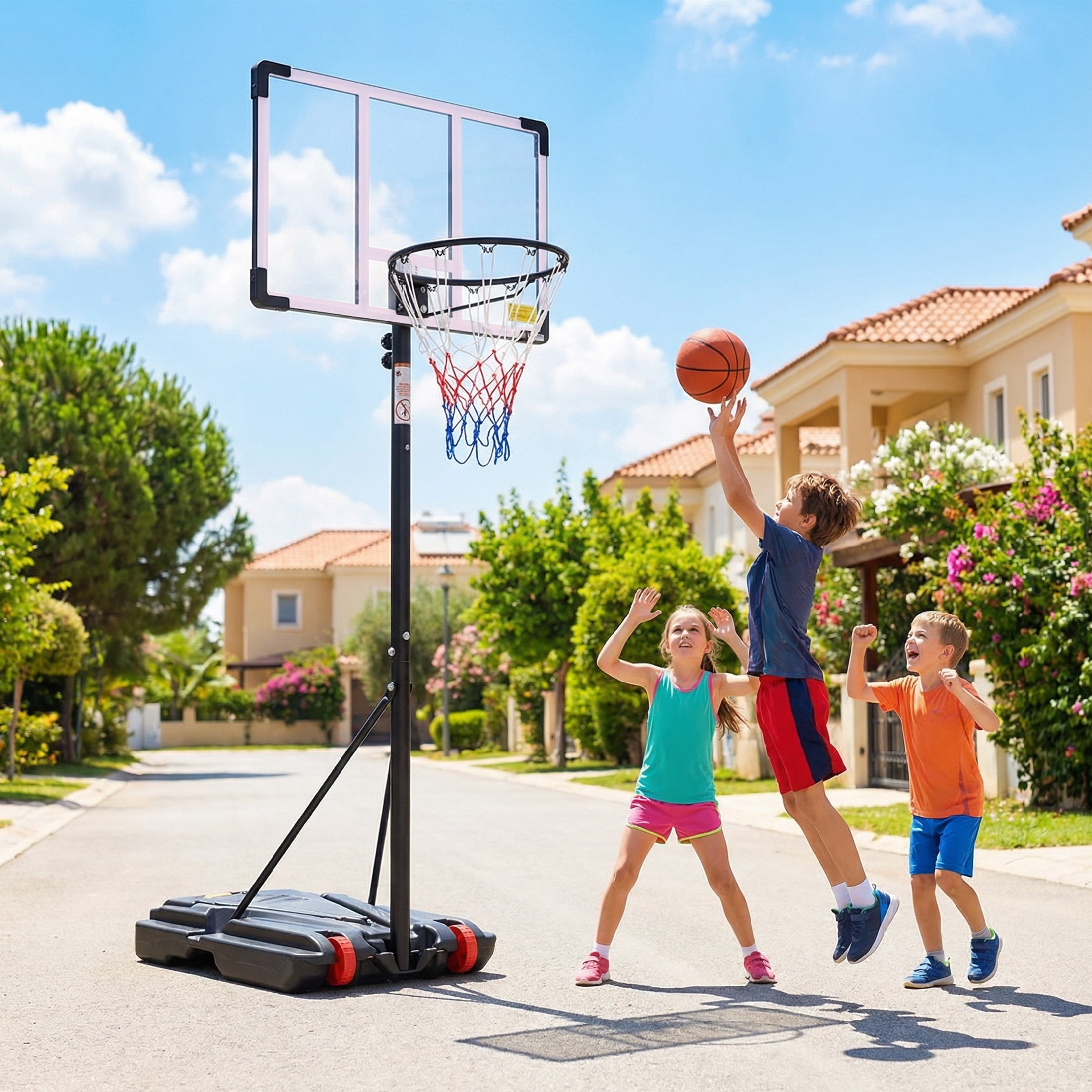 EDX Portable Basketball Hoop System, Height-Adjustable Outdoor Goal with 32 in Shatterproof Backboard (Red, 5 ft to 8.5 ft) fahhz