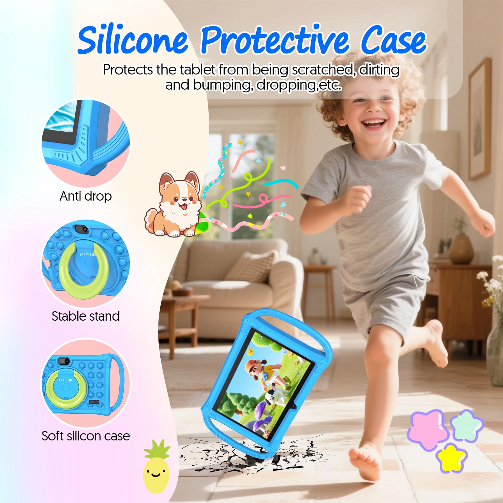 FITIFUN Kids Tablet 7 in HD IPS Display Quad-Core Android 13 Tablet with Parental Control (Blue, 32GB) hygj2