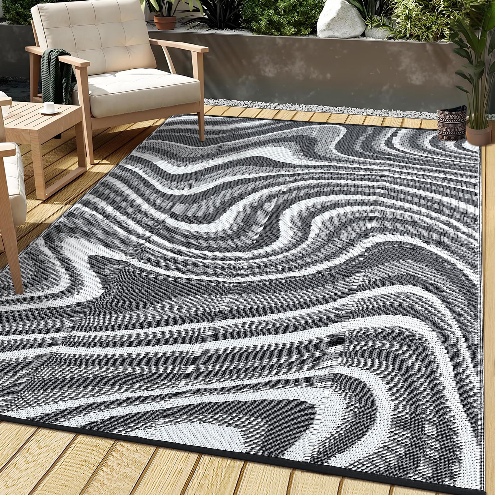 GIMMYFIVE Reversible Plastic Straw Indoor Outdoor Rug, Waterproof Patio Mat for Camping and RV (Black, 5 ft x 8 ft) uli5l