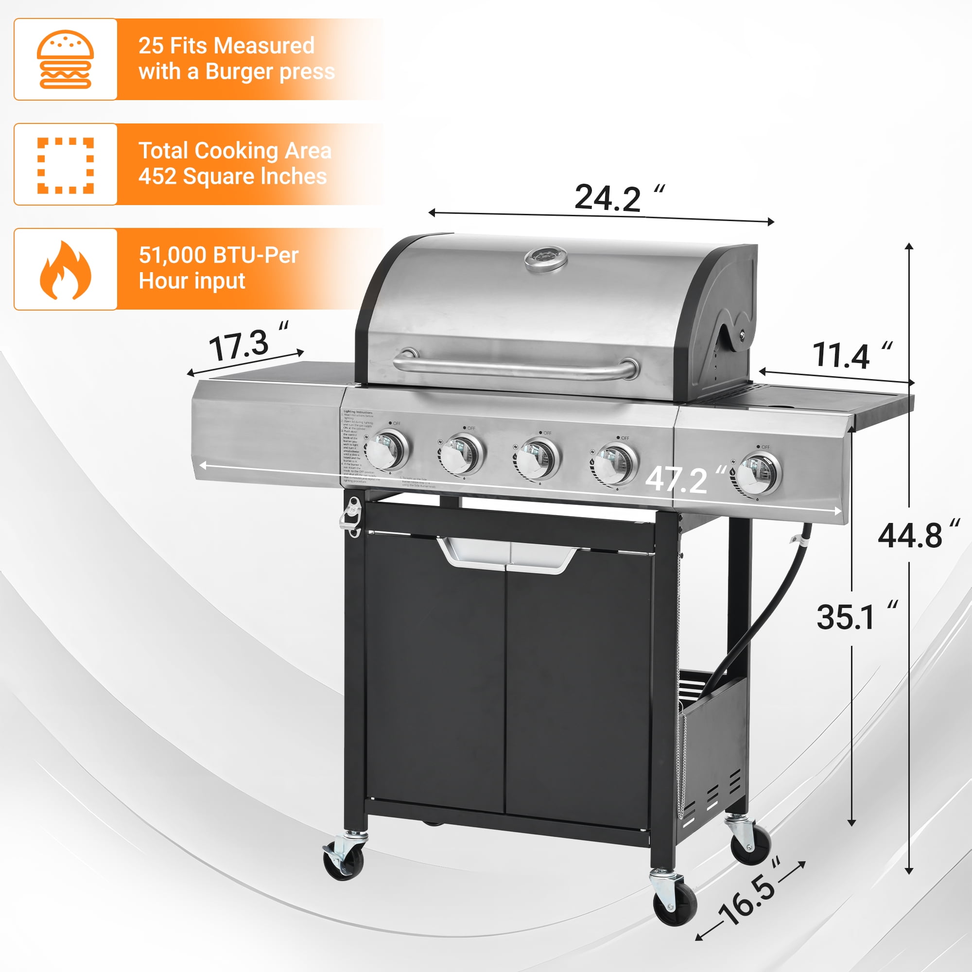 Aminy 4-Burner Propane Gas Grill with Side Burner, Stainless Steel Outdoor BBQ Grill with Lid and Wheels (Silver, 46790 BTU) 15j24