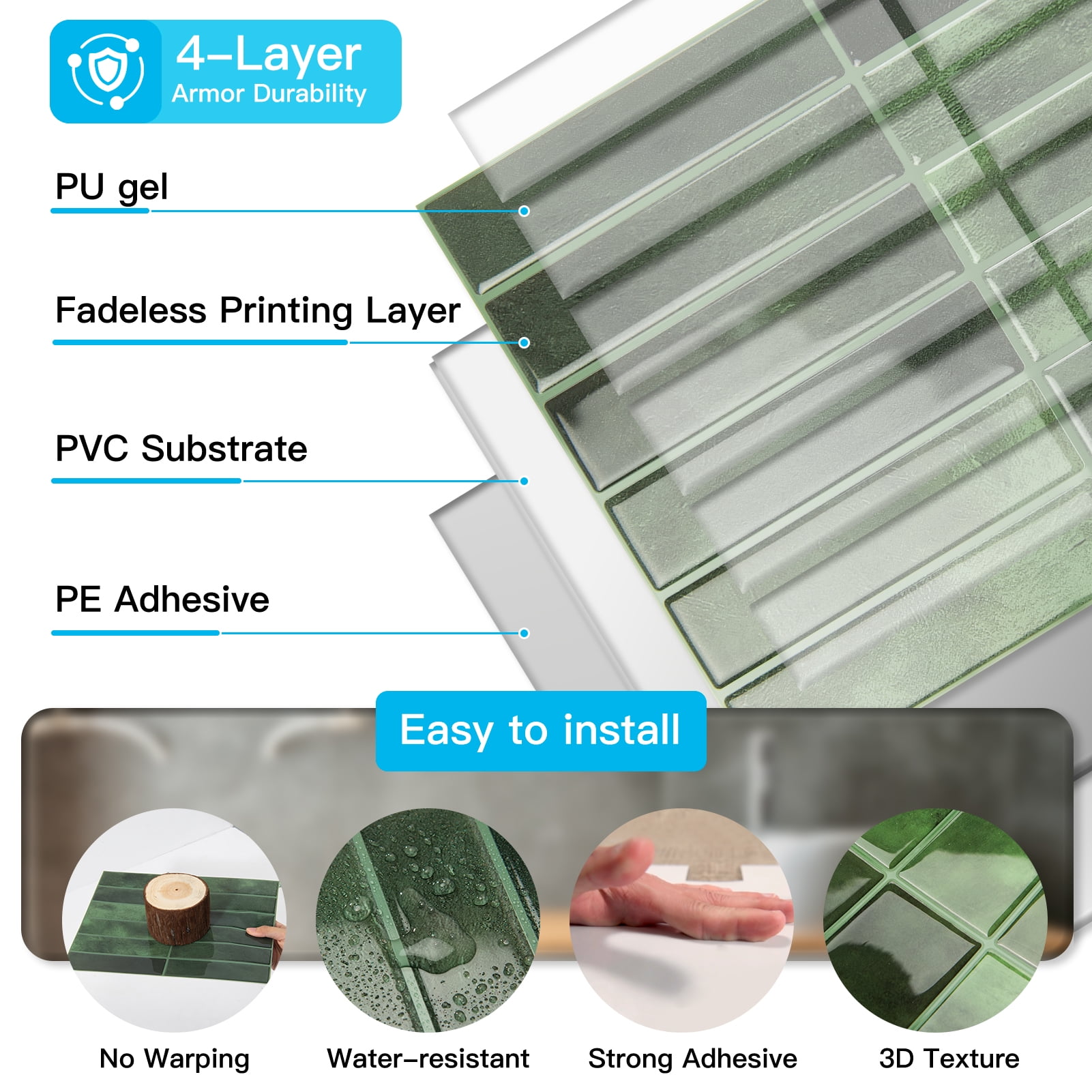 Art3dwallpanel Peel and Stick Backsplash Subway Tile (Green, 10 Pack, 11.4 in x 9 in) aqpr2 - Image 5