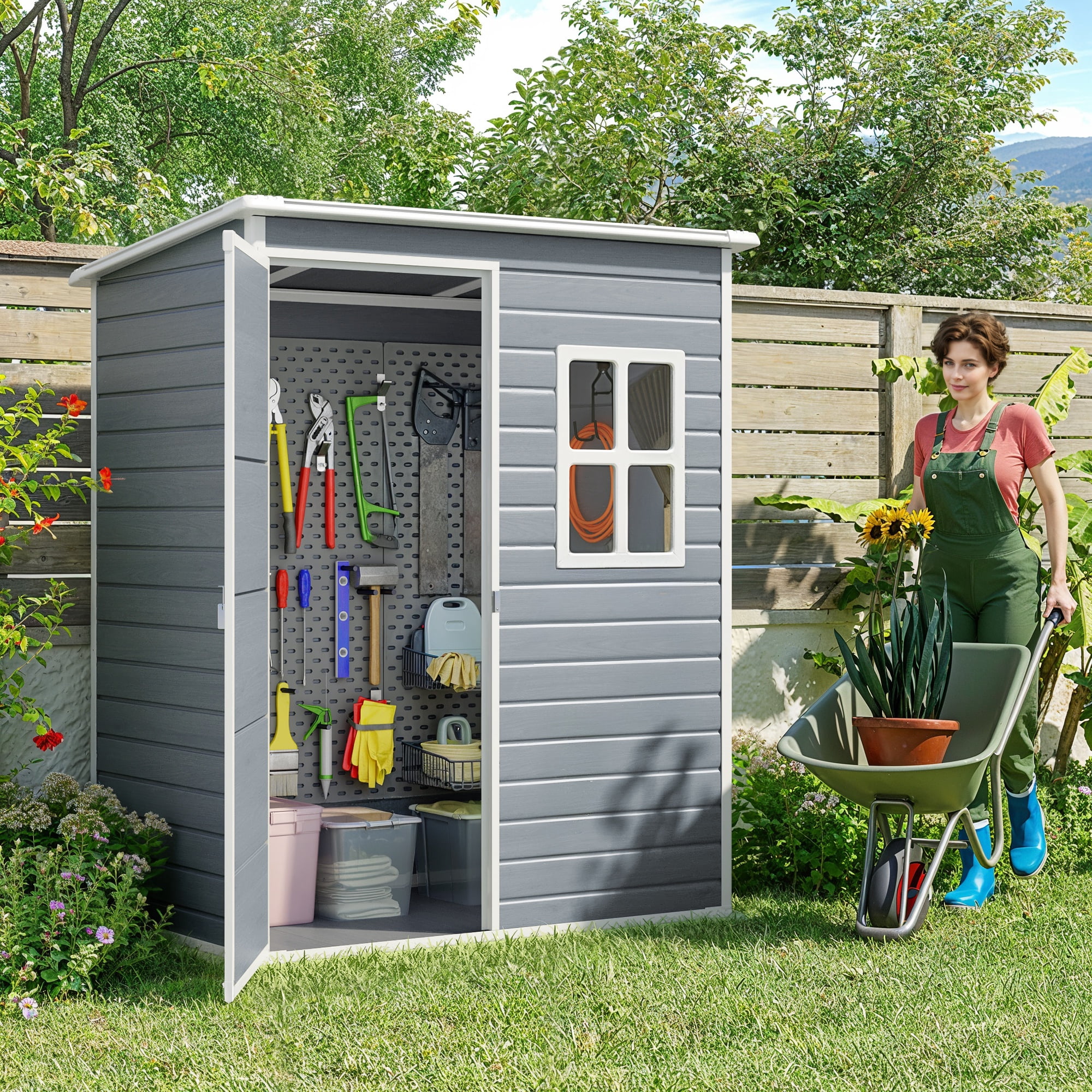 Asofer Resin Outdoor Storage Shed with Floor and Lockable Door (Gray, 57.5 in x 36.6 in x 73.2 in) 44ygy