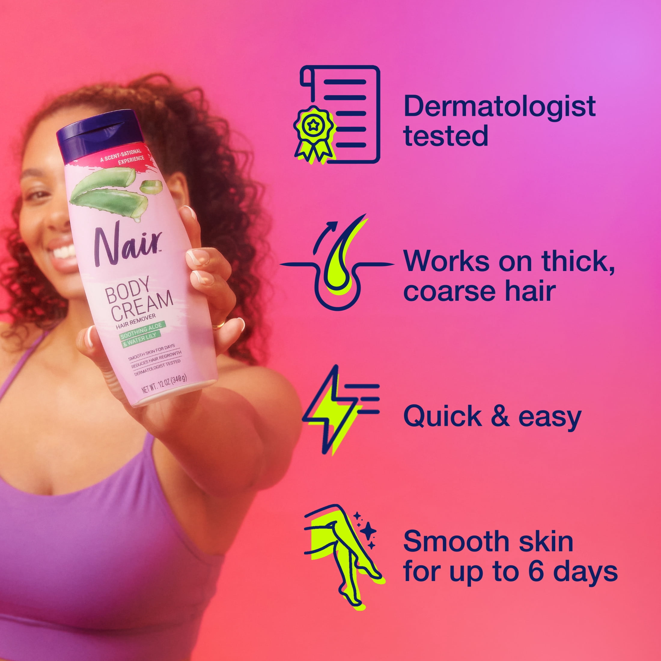 Nair Body Cream Hair Remover, Depilatory Lotion for Smooth Skin, Soothing Aloe and Water Lily (7.9 oz) nsikq