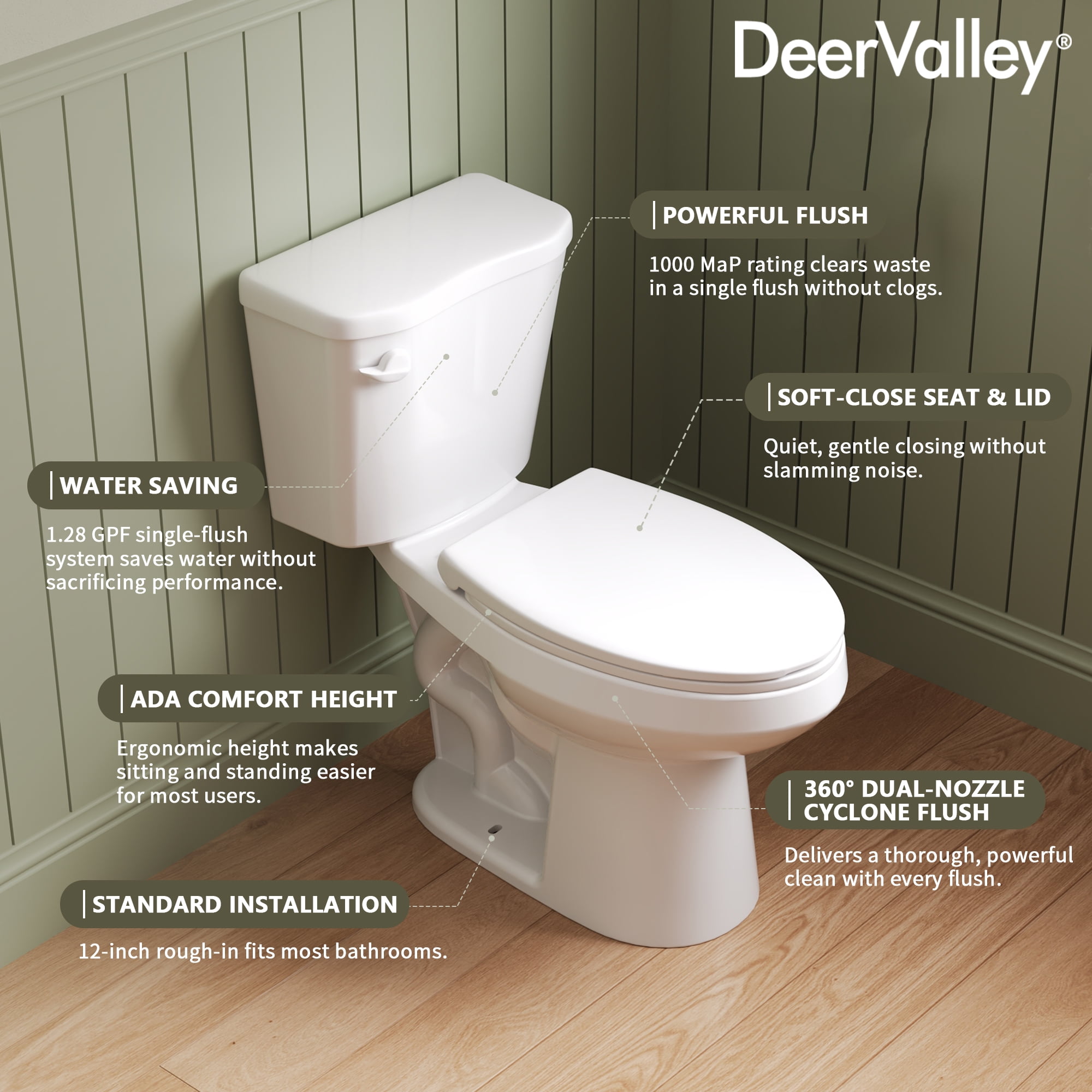 DeerValley 2-Piece Elongated Chair Height Toilet with Soft Close Seat (White, 1.28 GPF) 7mrc5