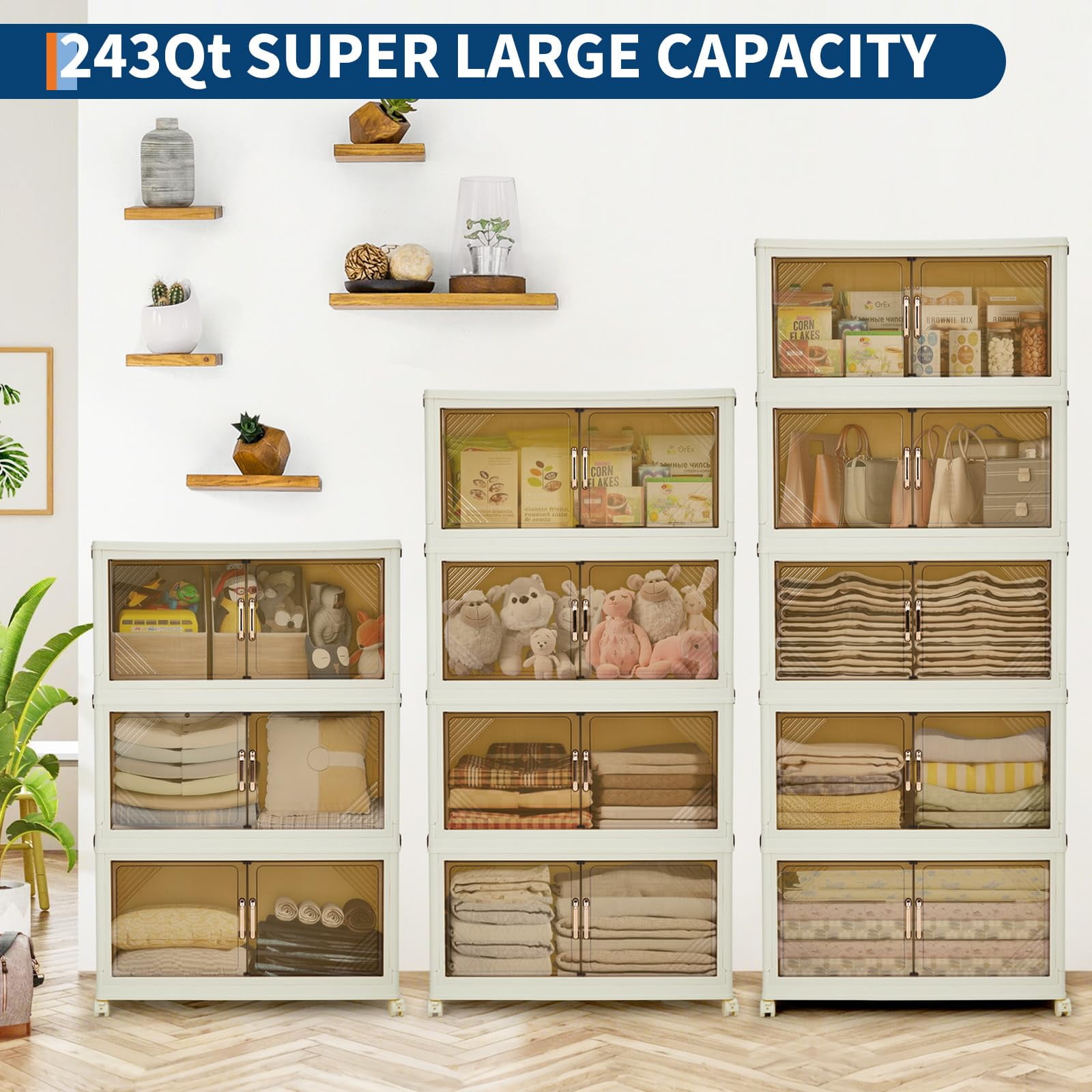 GOGRANT 3-Tier Stackable Storage Bins with Magnetic Doors and Wheels (Transparent Brown, 144QT) la7nw