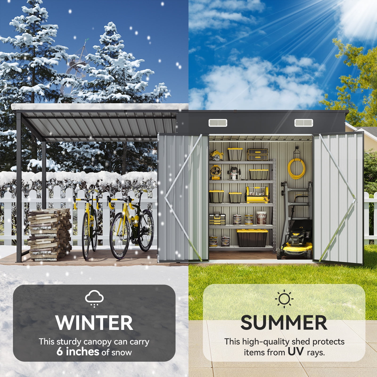 CLOUDDWELL Metal Storage Shed with Hardtop Pergola (Black, 153 in x 50 in x 73 in) zimnn