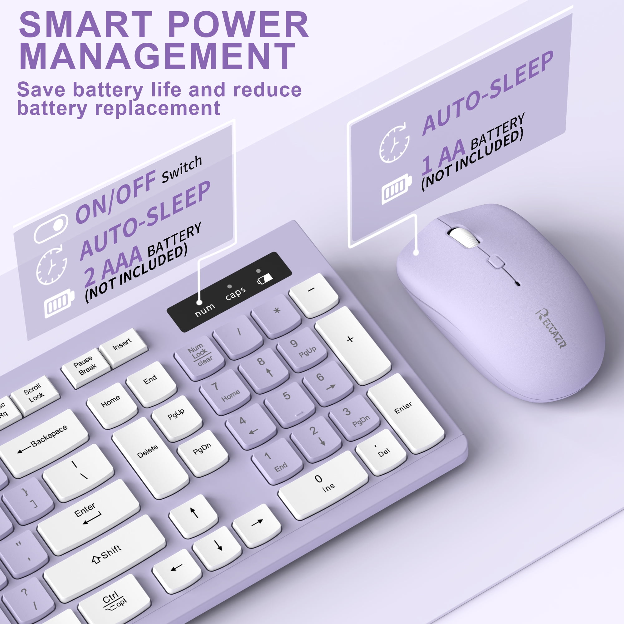 RECCAZR Wireless Keyboard and Mouse Combo, Full Size Ergonomic Desktop Set with Multimedia Keys (Purple, 1 Set) m2vha