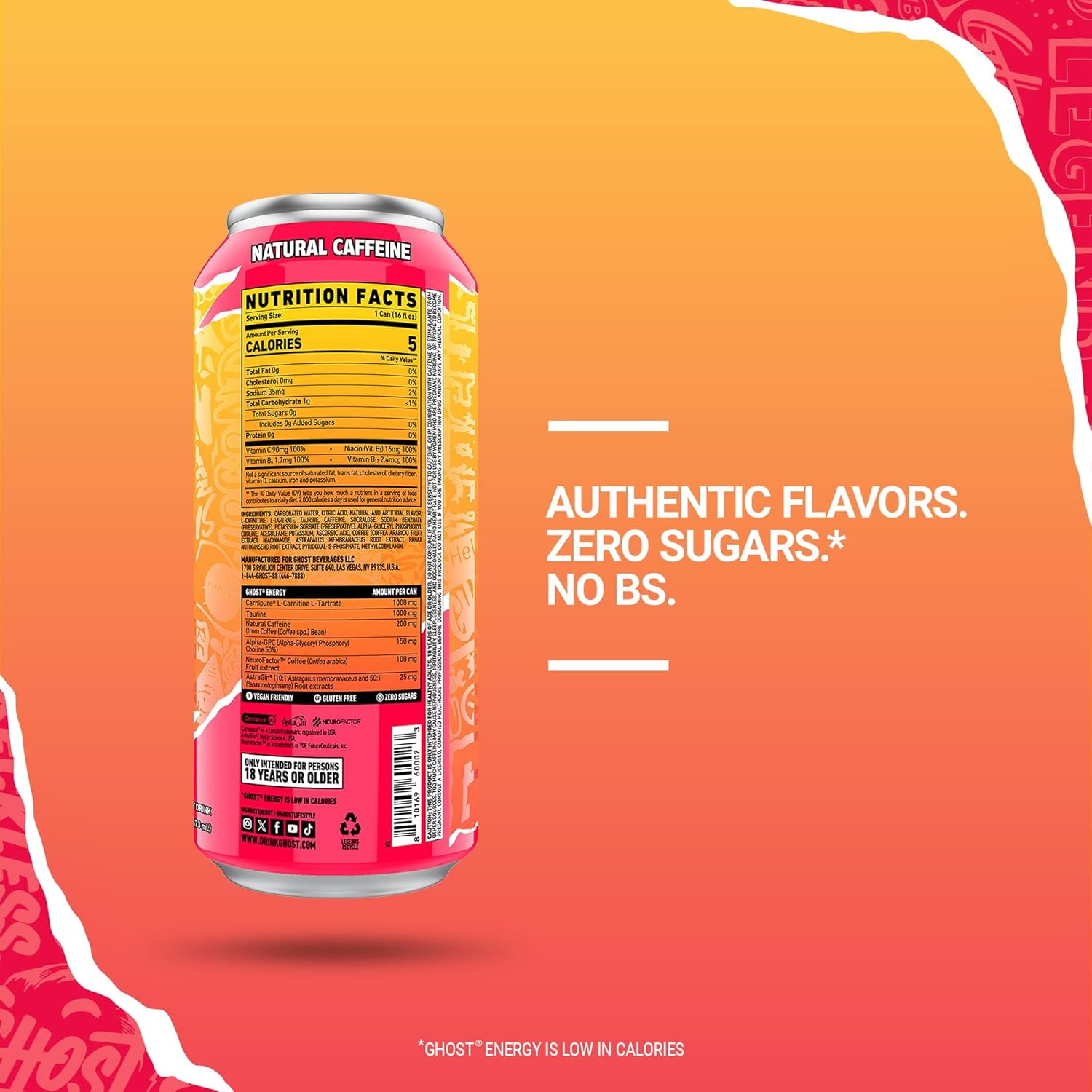 GHOST Energy Drink, Zero Sugar Performance Beverage, Strawbango Flavor (16 fl oz) 173zn