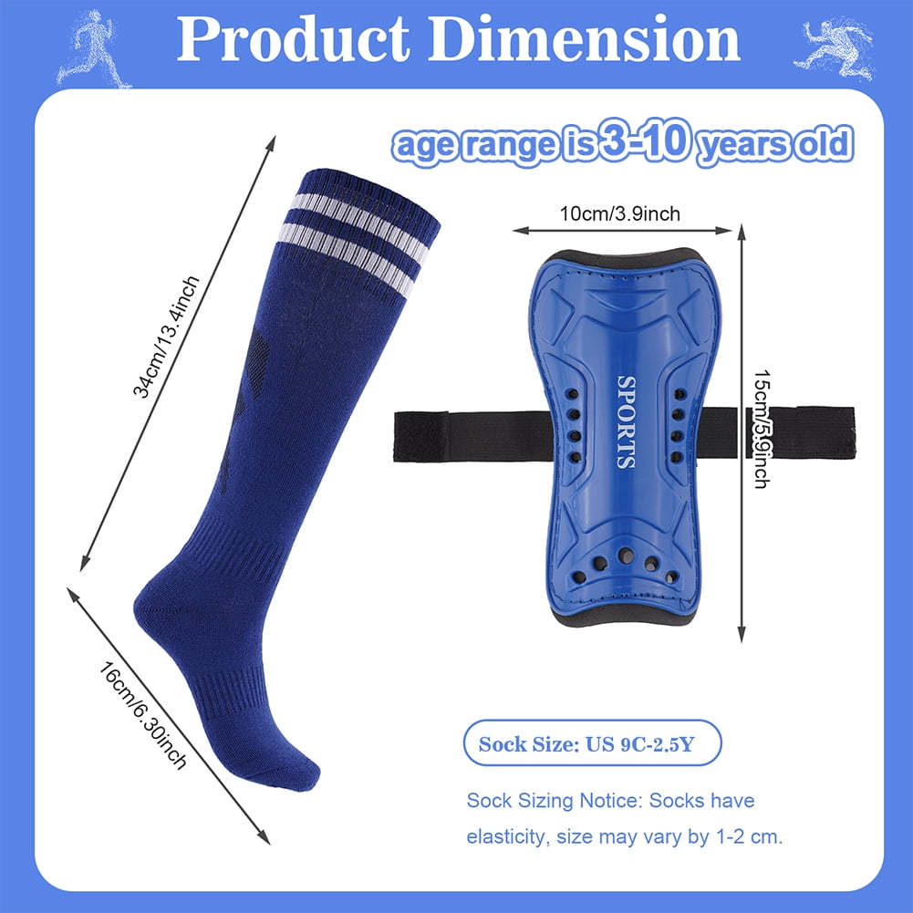 Buquapse Kids Soccer Shin Guards Set with Long Socks, Protective Gear for Youth (Black + Blue, 2 Pairs) iqmxh