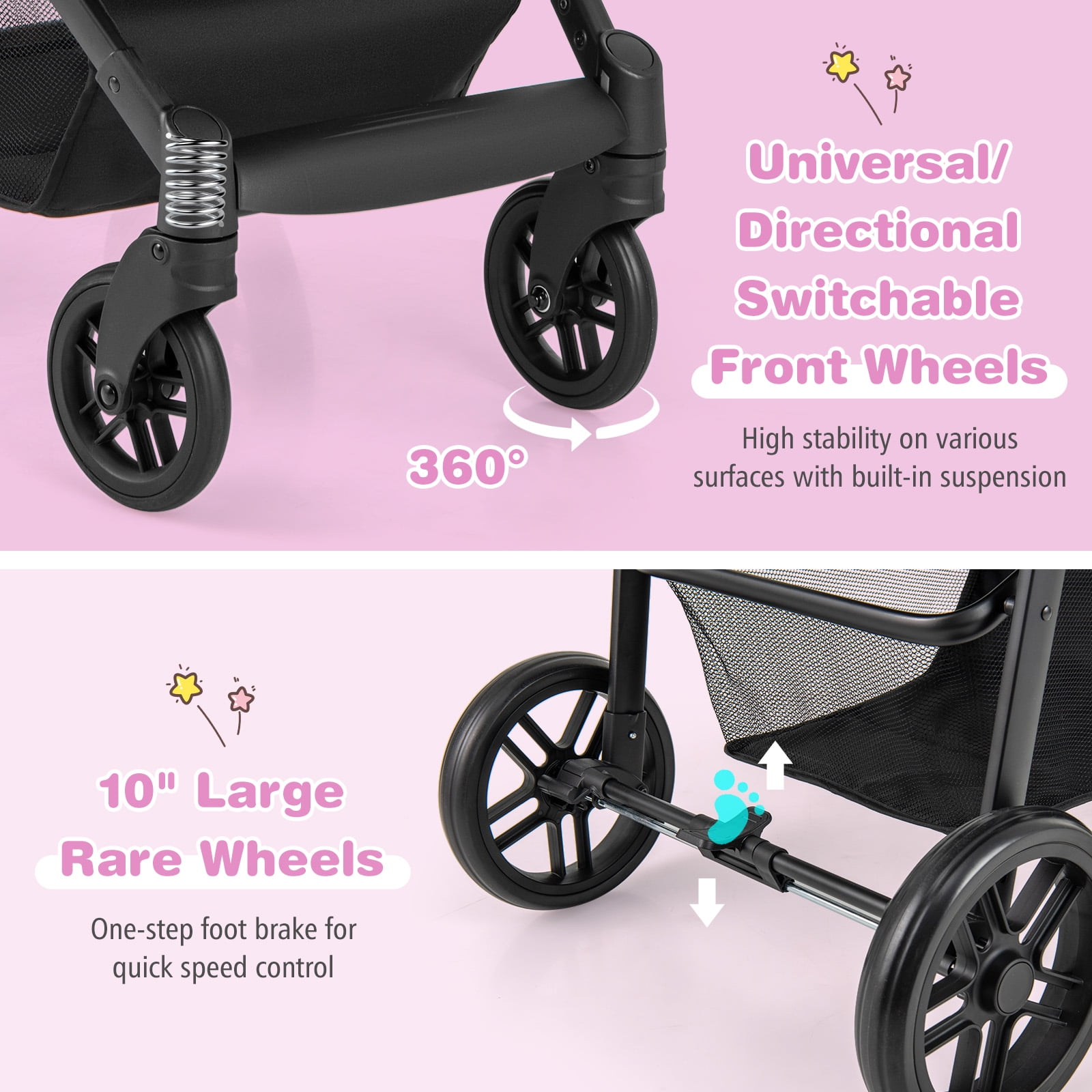 Costway 2-in-1 Foldable Baby Stroller Travel Pushchair with Adjustable Backrest (Black, 22 lb) 21eds