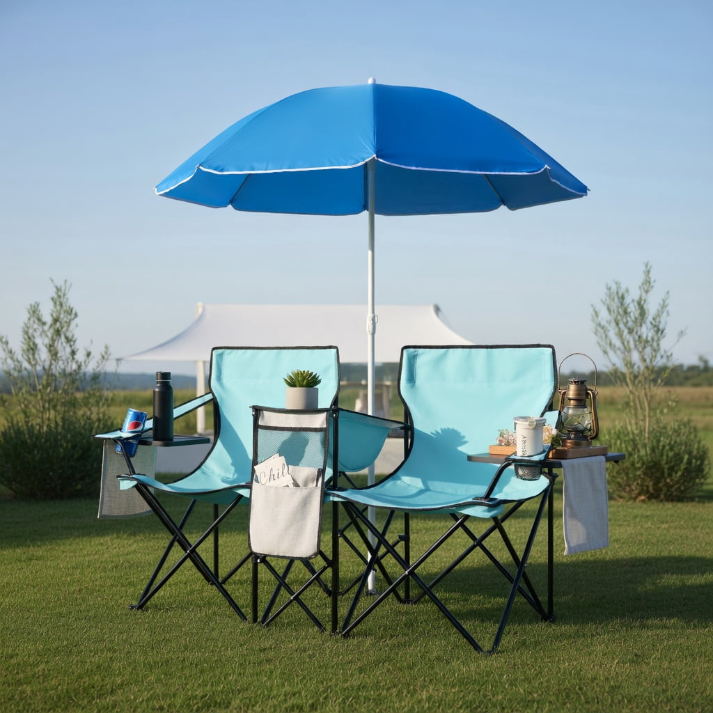 Topcobe Double Folding Picnic Chair with Umbrella and Cooler Bag (Turquoise, 2-Seat) il2p3