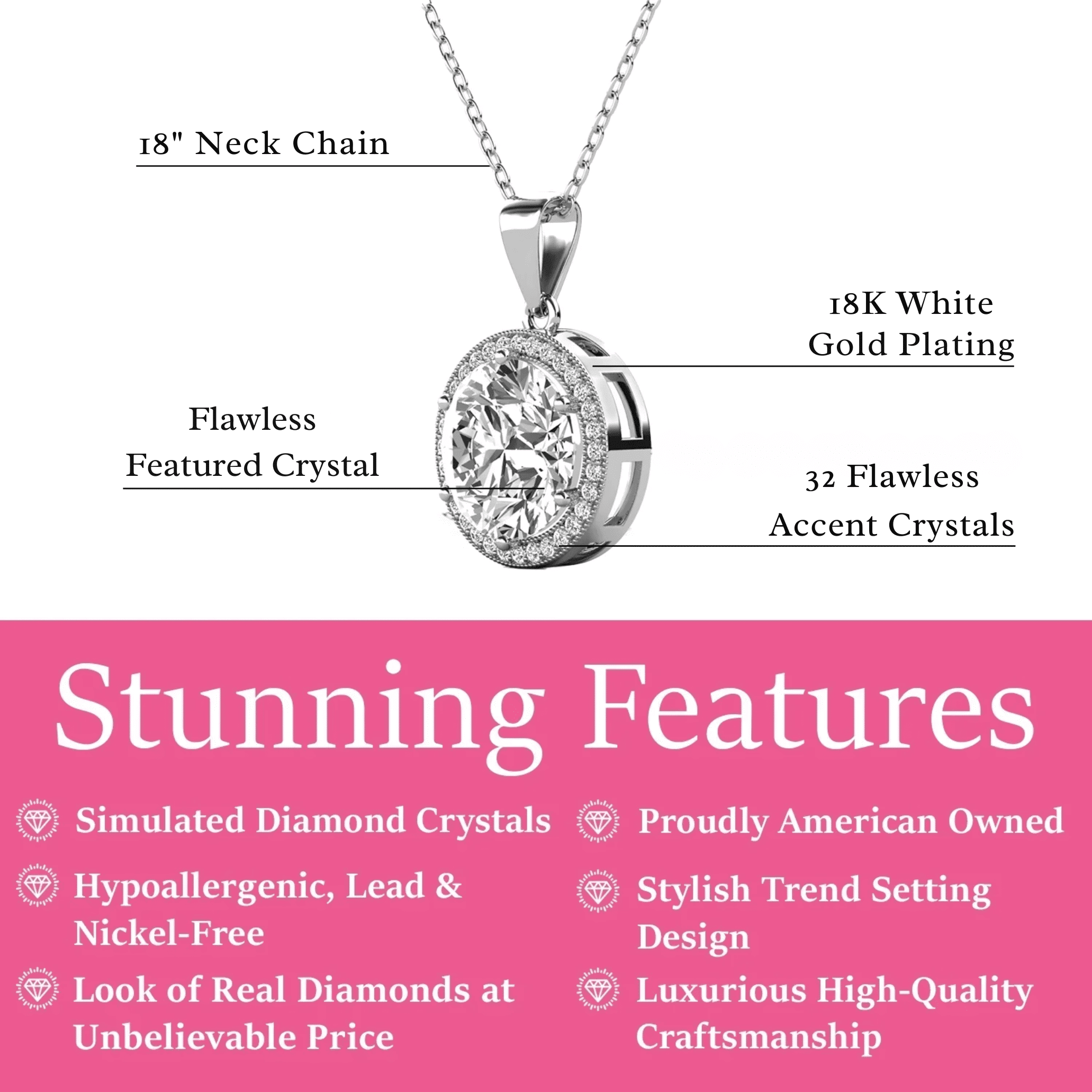Cate & Chloe Sophia 18k White Gold Plated Halo Necklace with Simulated Diamond Crystals (White, 18.5 in) xsb2g