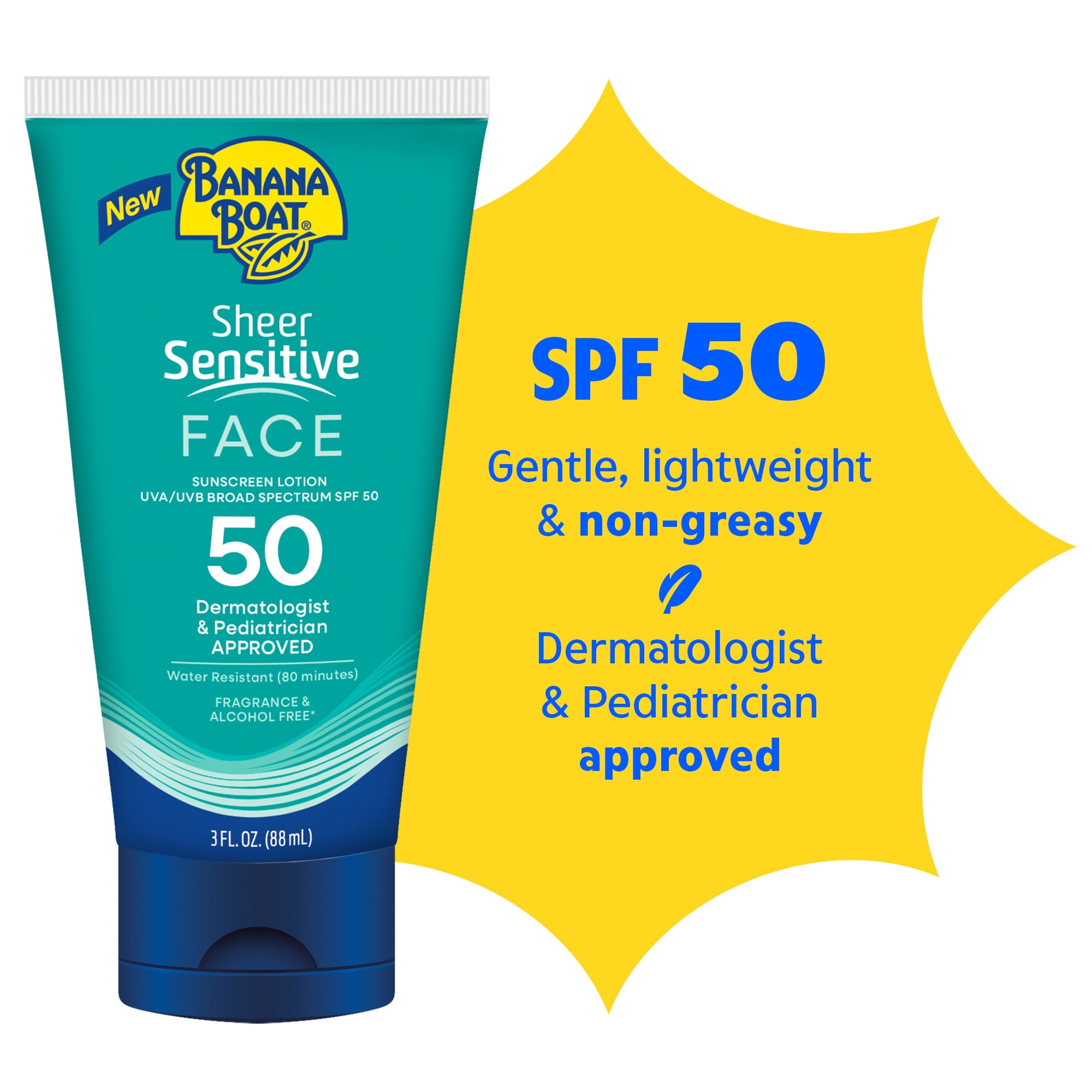 Banana Boat Sheer Sensitive Face Sunscreen Lotion, SPF 50 Broad Spectrum Protection (White, 3 fl oz) oejv9
