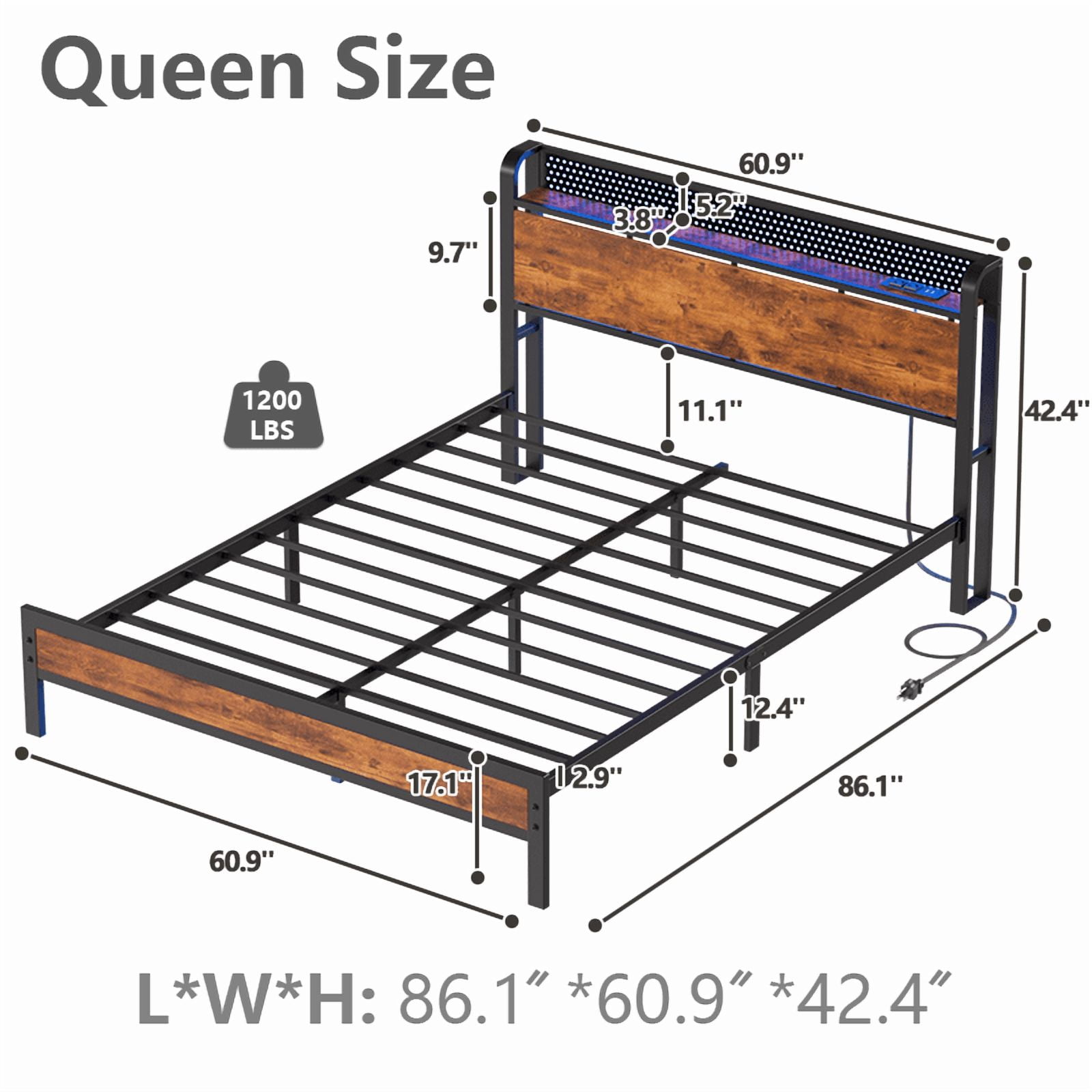 Satifur LED Platform Bed Frame with Storage Headboard and Charging Station (Rustic Brown, Queen) yyjtq - Image 4