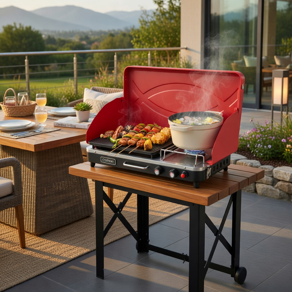 Resenkos 2-in-1 Portable Gas Camping Grill and Stove (Red, 23 in x 11.5 in x 8.5 in) bg87i