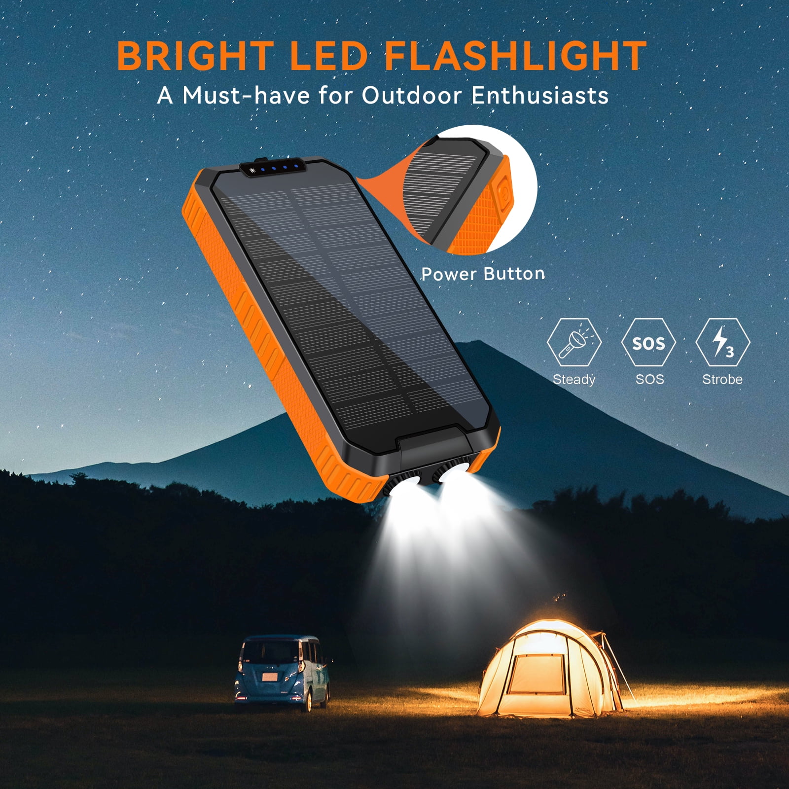 Yelomin 49800mAh Solar Power Bank Portable Wireless Charger with Built-in Cables and Flashlight (Orange) oaeoc
