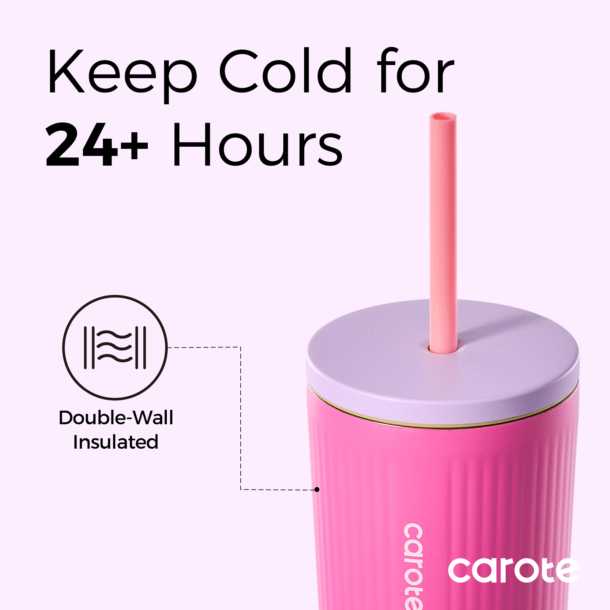 Carote Insulated Stainless Steel Water Cup Set, Double-Wall Vacuum Sealed, Leak-Proof Straw and Push Lid (Pink, 19 fl oz & 21 fl oz 2-Pack) qvsm3
