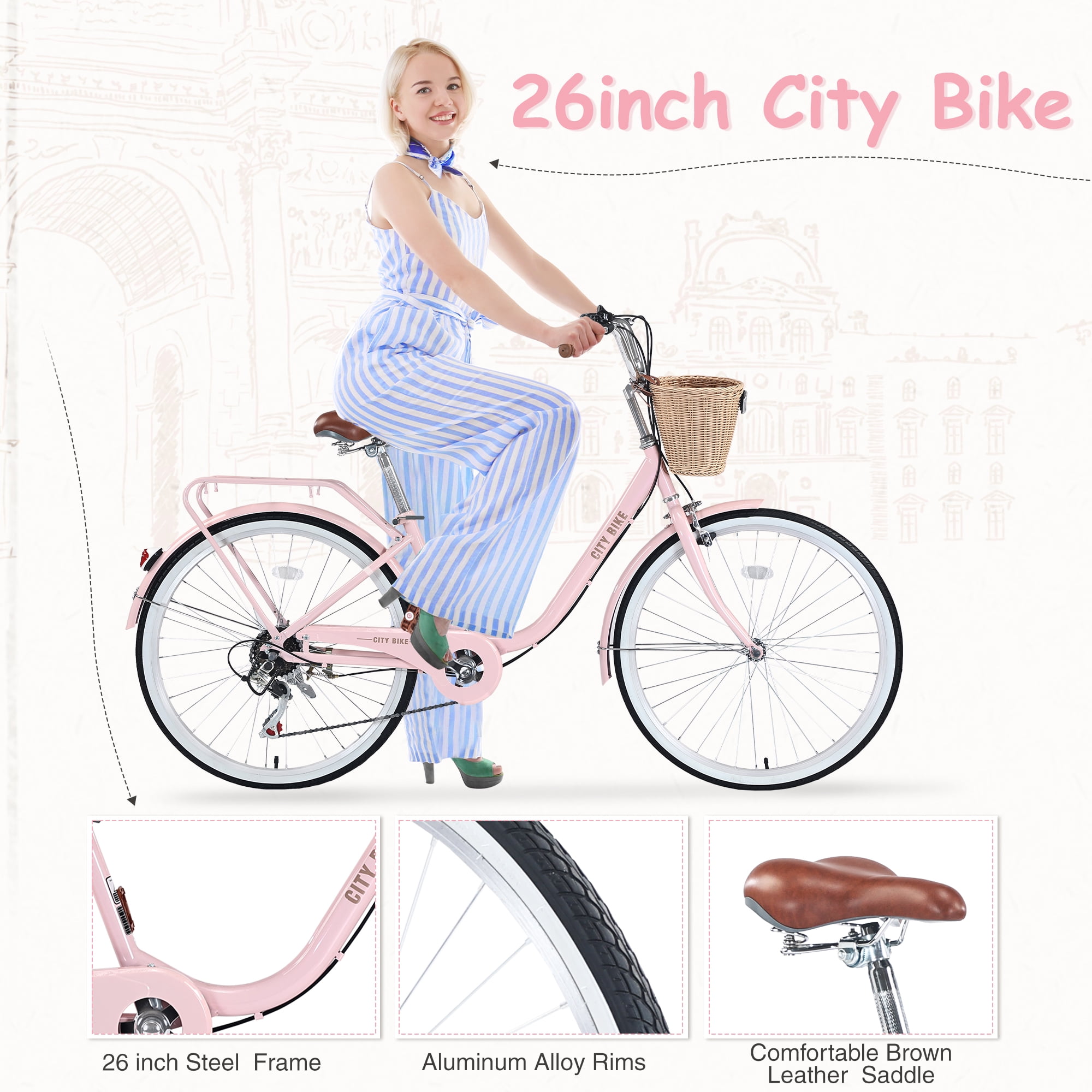 Ambifirner Women's Commuter Cruiser Bike, 7-Speed City Bicycle with Shock-Absorbing Tires (Pink, 26 in) gq9wc