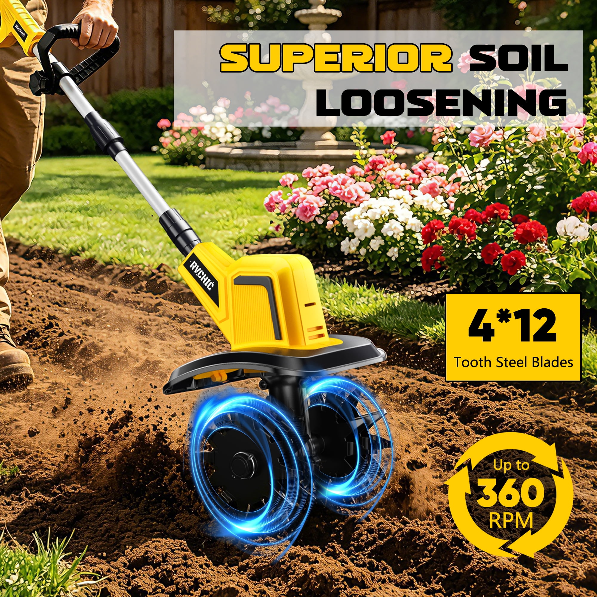Rvchic 24V Cordless Tiller Cultivator, High-Speed Electric Garden Soil Aerator with 4 Steel Blades (Yellow, 4 in Width x 6 in Depth) 29fpt