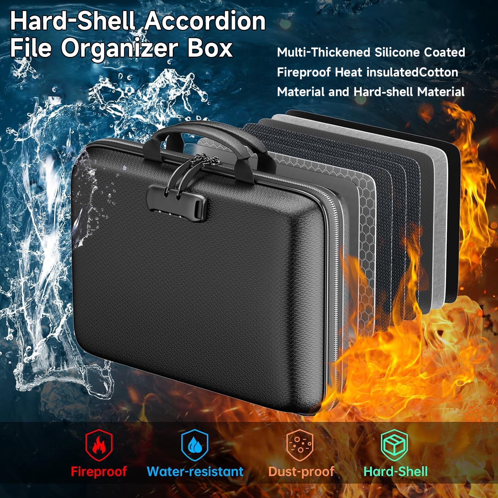 OUTGOO Fireproof File Organizer with Lock, Hard-Shell Document Storage Box with 13-Pocket Accordion Folder (Black, 15.5 in x 11.5 in x 3 in) 4eyu5