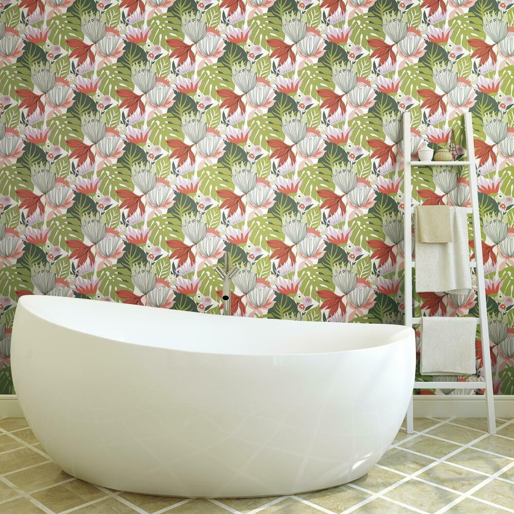 RoomMates Retro Tropical Leaves Peel and Stick Wallpaper (Pink, 20.5 in x 16.5 ft) jncuq