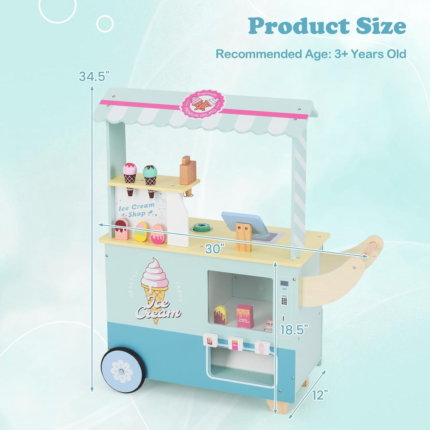Olakids Wooden Grocery Store Marketplace Toy, Pretend Play Market Stand with Cash Register and 30 Accessories (Green, 35 in x 24 in x 45 in) f68wx