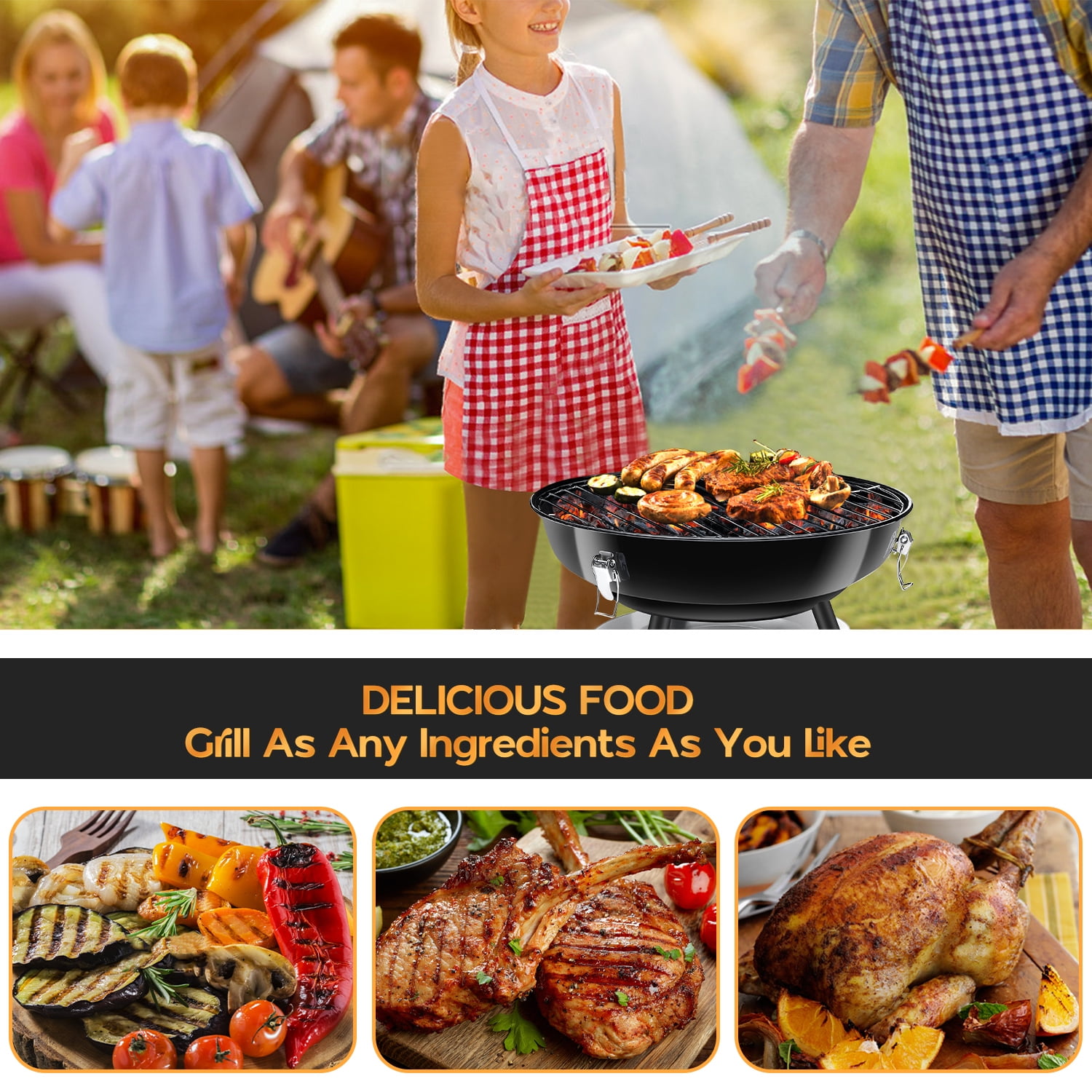 Coliware Portable Charcoal Grill, Enamel Coated Kettle Smoker with Dual Venting System (Black, 14 in) e98l6