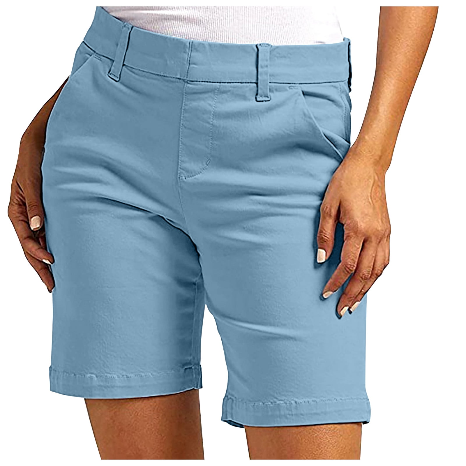 HTNBO Womens Bermuda Shorts Straight Leg Athletic Hiking Golf Shorts with Pockets (Blue, Large) def5w