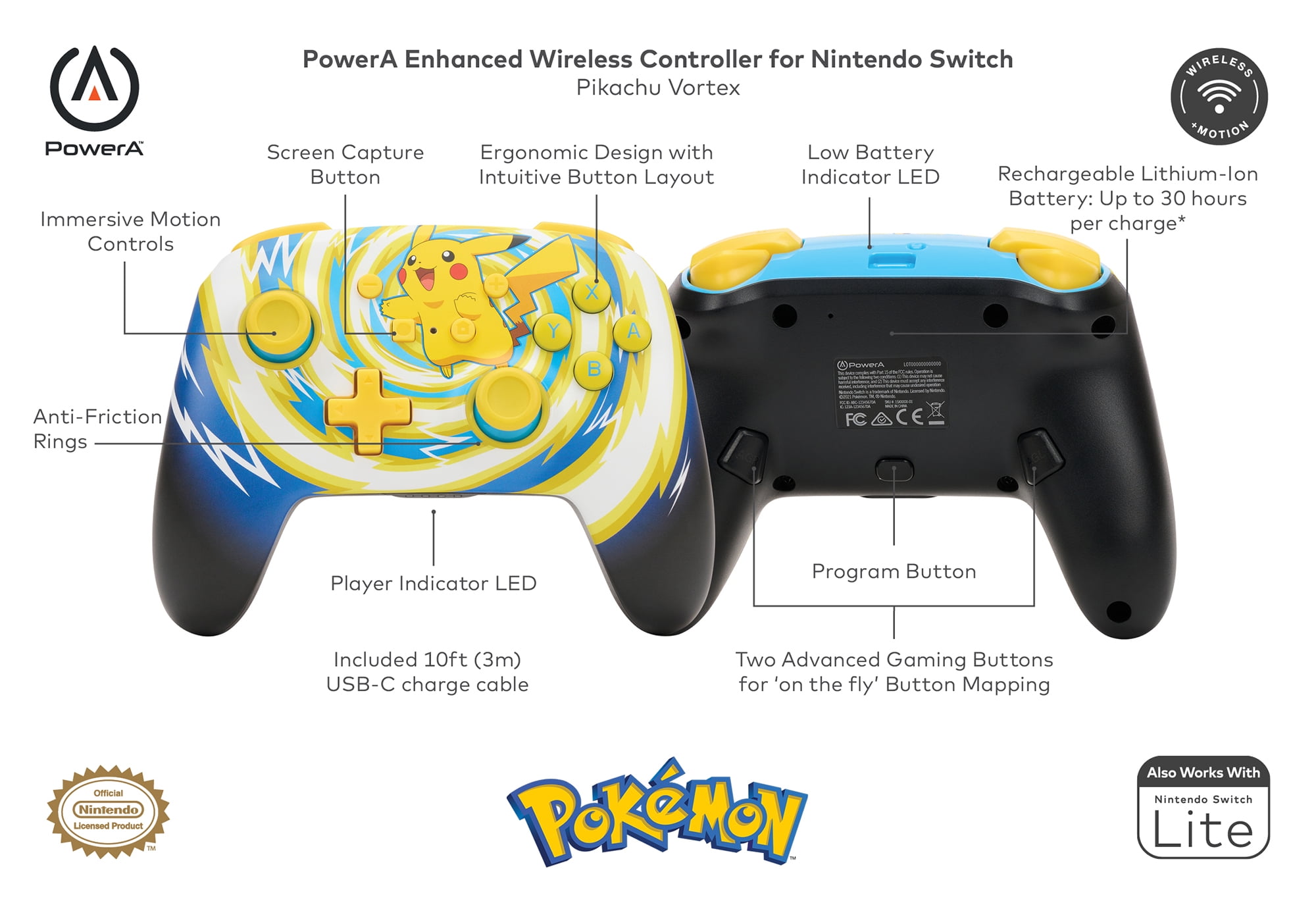 PowerA Enhanced Wireless Controller for Nintendo Switch - Pokémon Pikachu Vortex (Yellow, 10 ft) xytz2