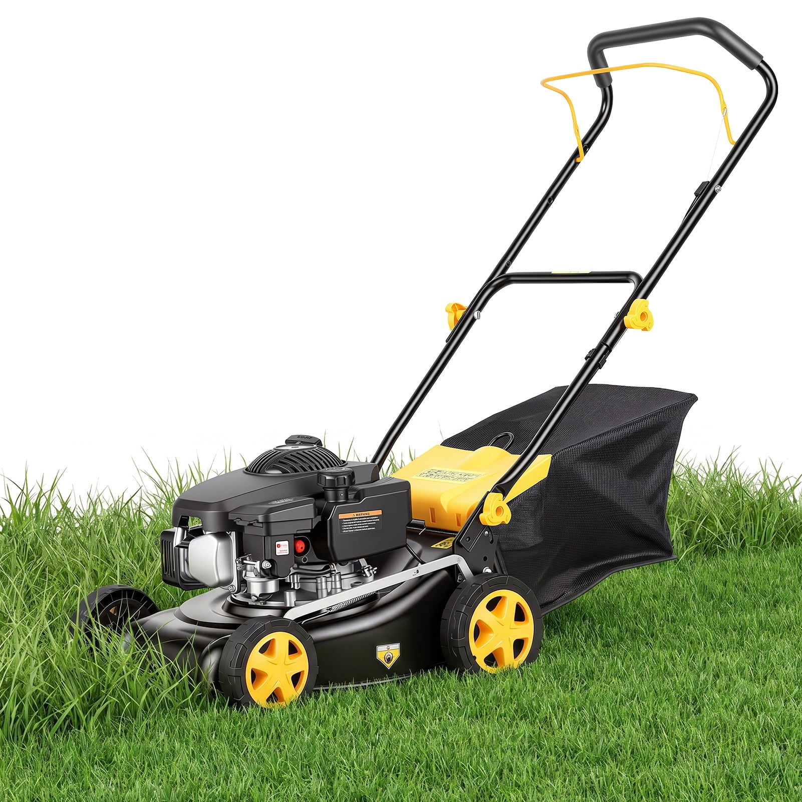 Lanzxjv 16 in Gas Self-Propelled Lawn Mower, 3-in-1 Mulching and Bagging Mower with Large Wheels (Yellow, 12 gal) di8g0
