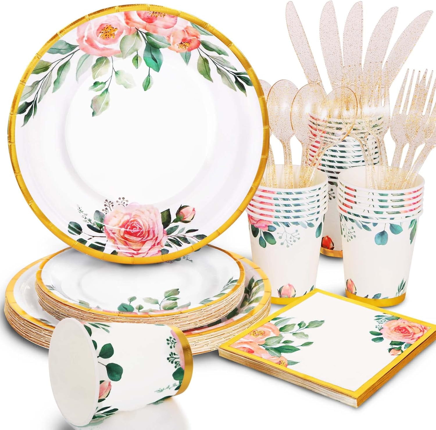 Generic Floral Party Supplies Disposable Dinnerware Set (Gold, 168 Piece Set) c6b2i
