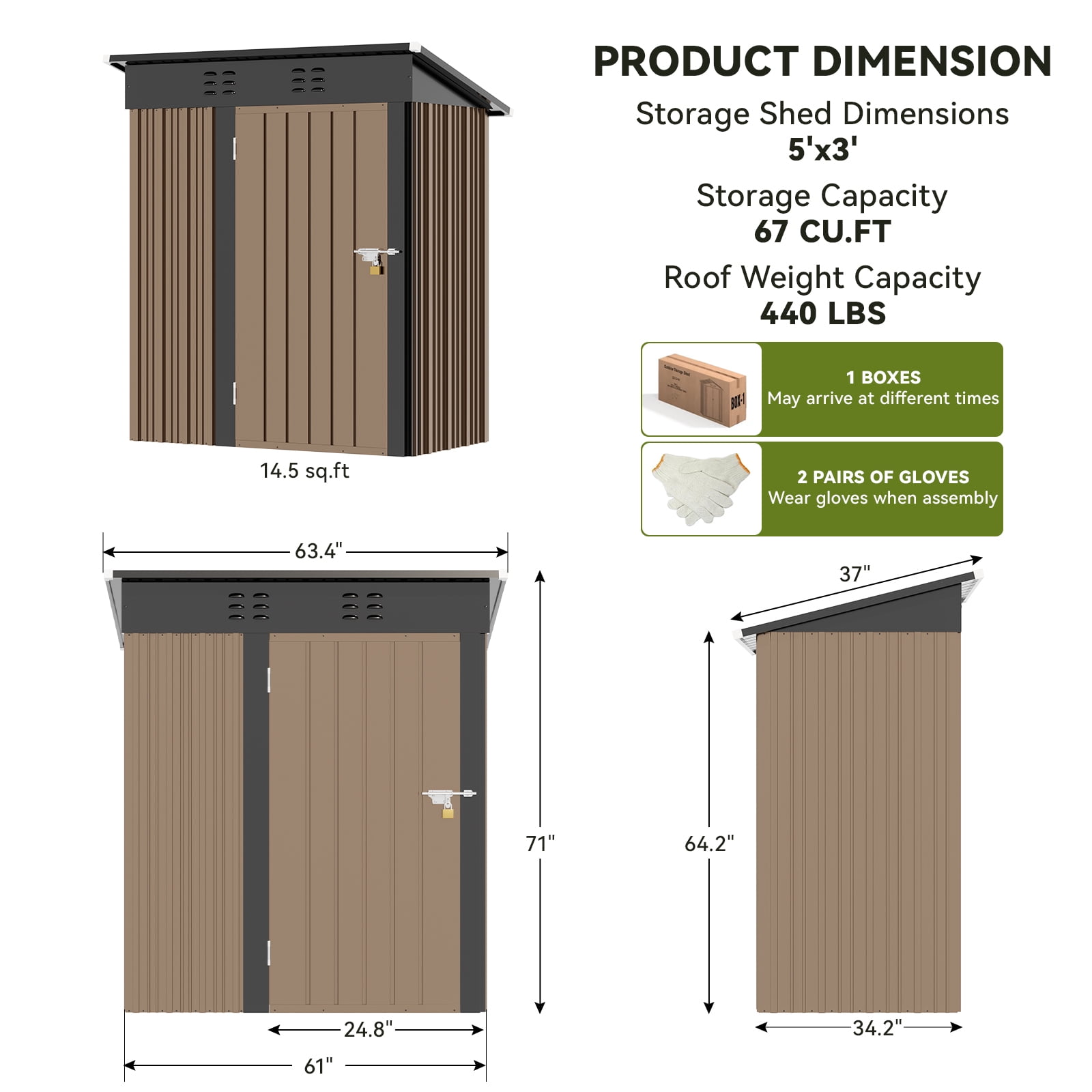 CLOUDREST PRO Metal Outdoor Storage Shed with Lockable Door and Air Vents (Brown, 5 x 3 ft) eaypc