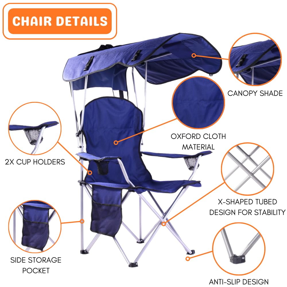 VTOY Folding Camping Chair with Sun Canopy and Cup Holder (Navy, 300 lb Capacity) r5kta