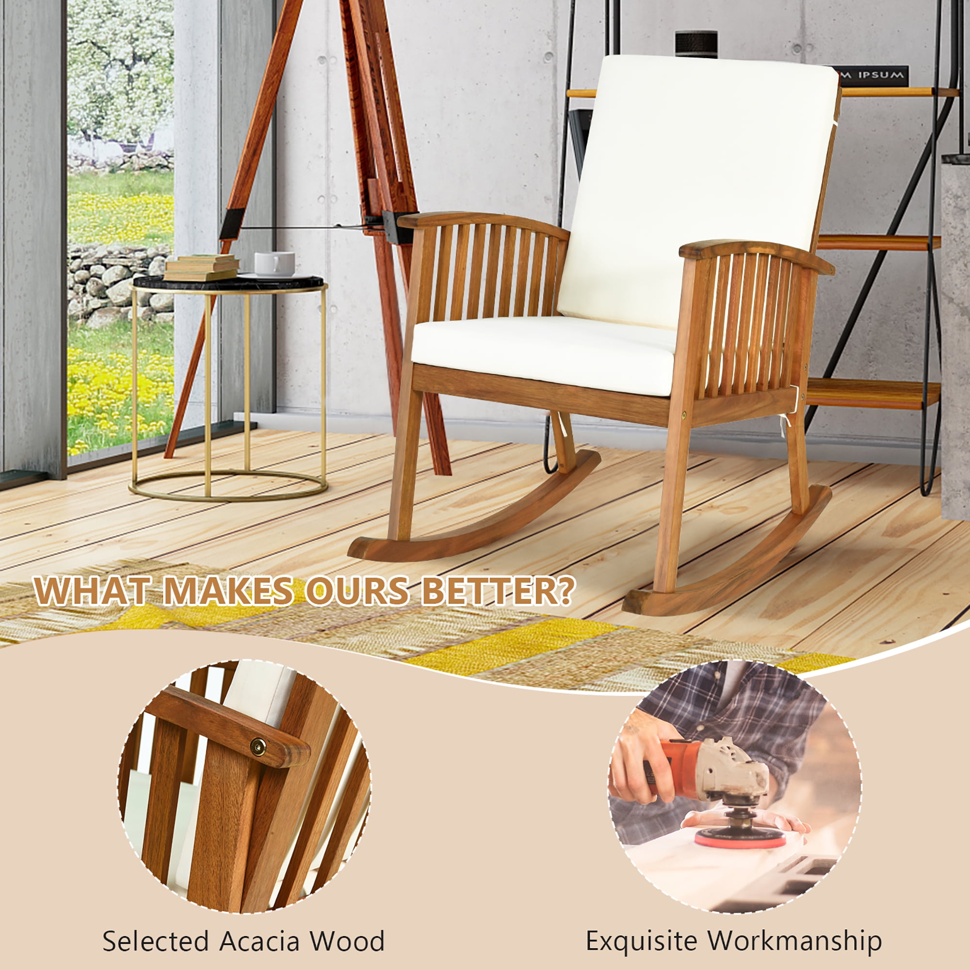 Gymax Patio Wooden Rocking Chair with Armrest Cushion (Brown, 35.5 in x 25 in x 36.5 in) gwno6