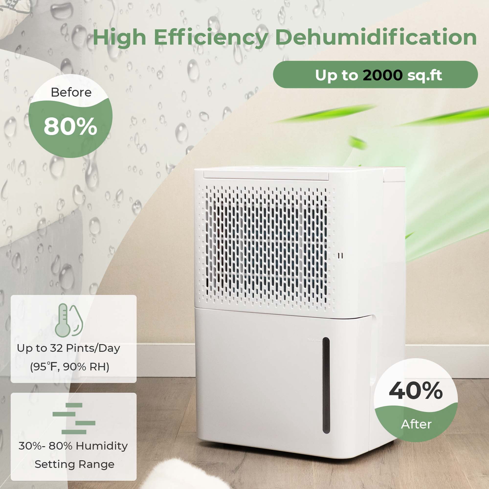 Costway 32 Pint Dehumidifier for Basements and Large Rooms (White, 2000 sq ft) fm6q9