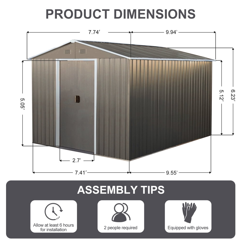 Generic Metal Storage Shed with Steel Foundation, Heavy-Duty All-Weather Outdoor Garden Equipment Organizer (Grey, 8x10 ft) pda12